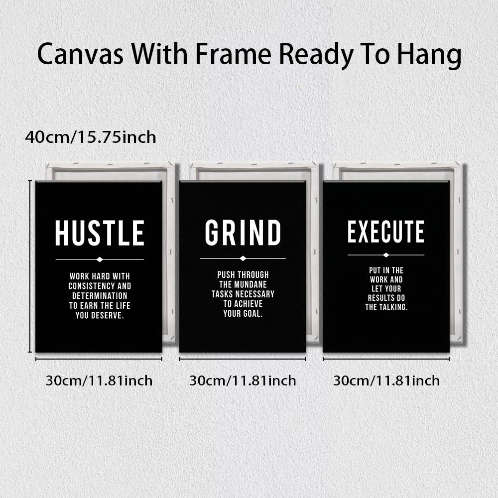 3-Panel Wooden-Framed Canvas Wall Art, Black Background Hustle Grind Execute Motivational Text Print, HD Canvas Prints, Inspirational Wall Decor For Office & Workspace, Modern Home Art, Ideal Entrepreneur Gift