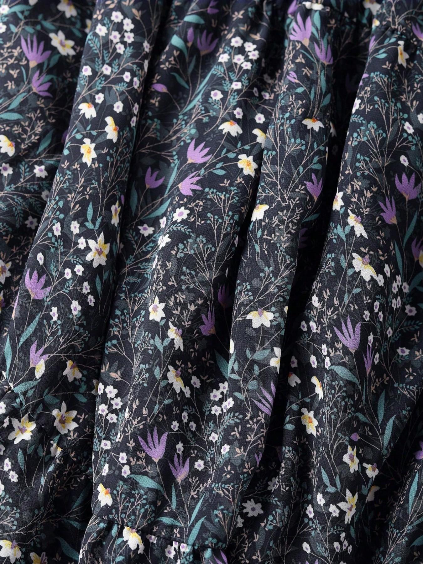 Women's Deep Blue Ditsy Floral Midi Casual Boho Skirt, High Waist A-Line Design, Casual Loose Fit, Long Knee-Length, Fashionable Summer Dress