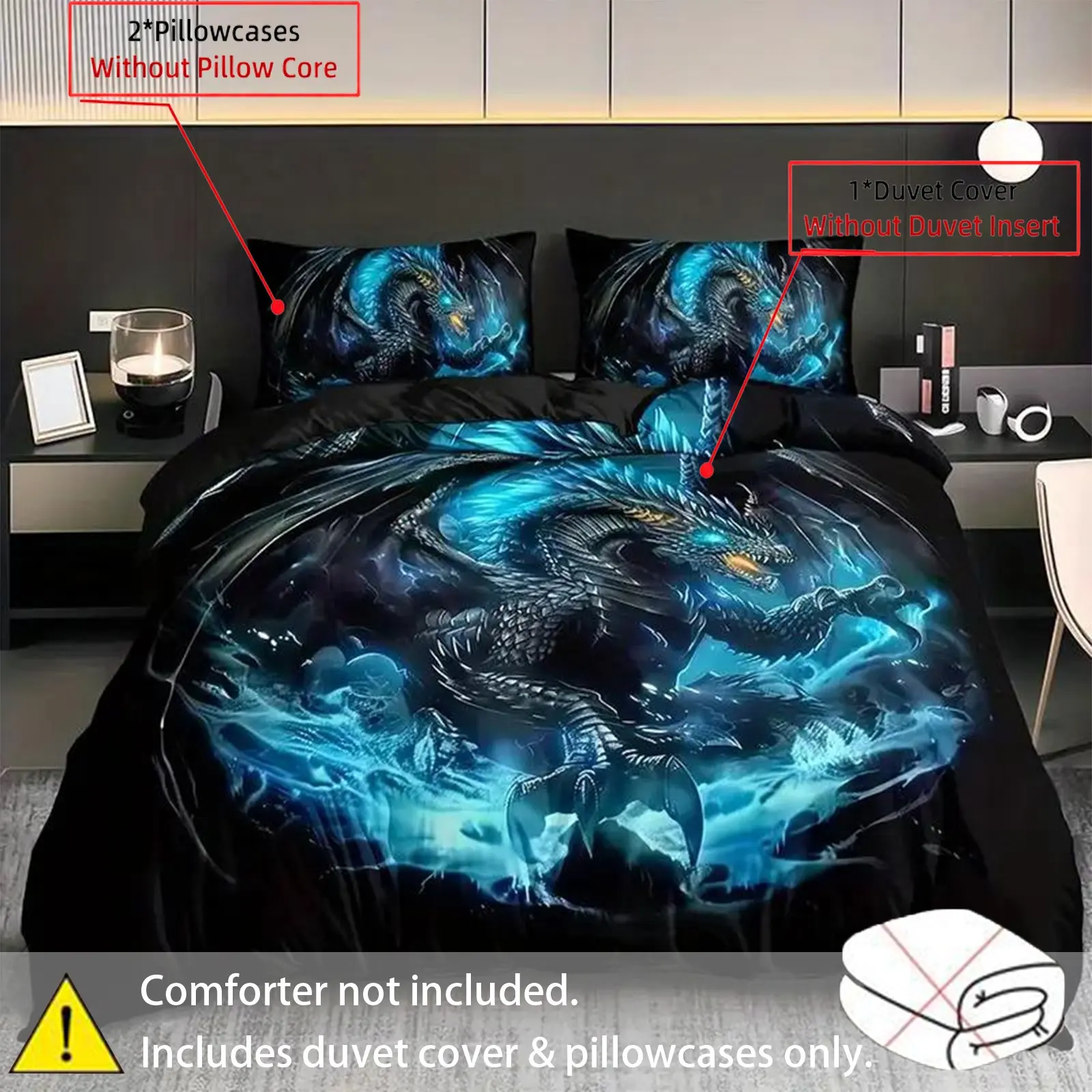 A 3-piece set of Storm Dragon digital printed bedding, Comfy Bedding Set, Decorative Bedding Set, made of polyester material, including 1 duvet cover and 2 pillowcases (unfilled), preferred for bedrooms, dormitories, holidays