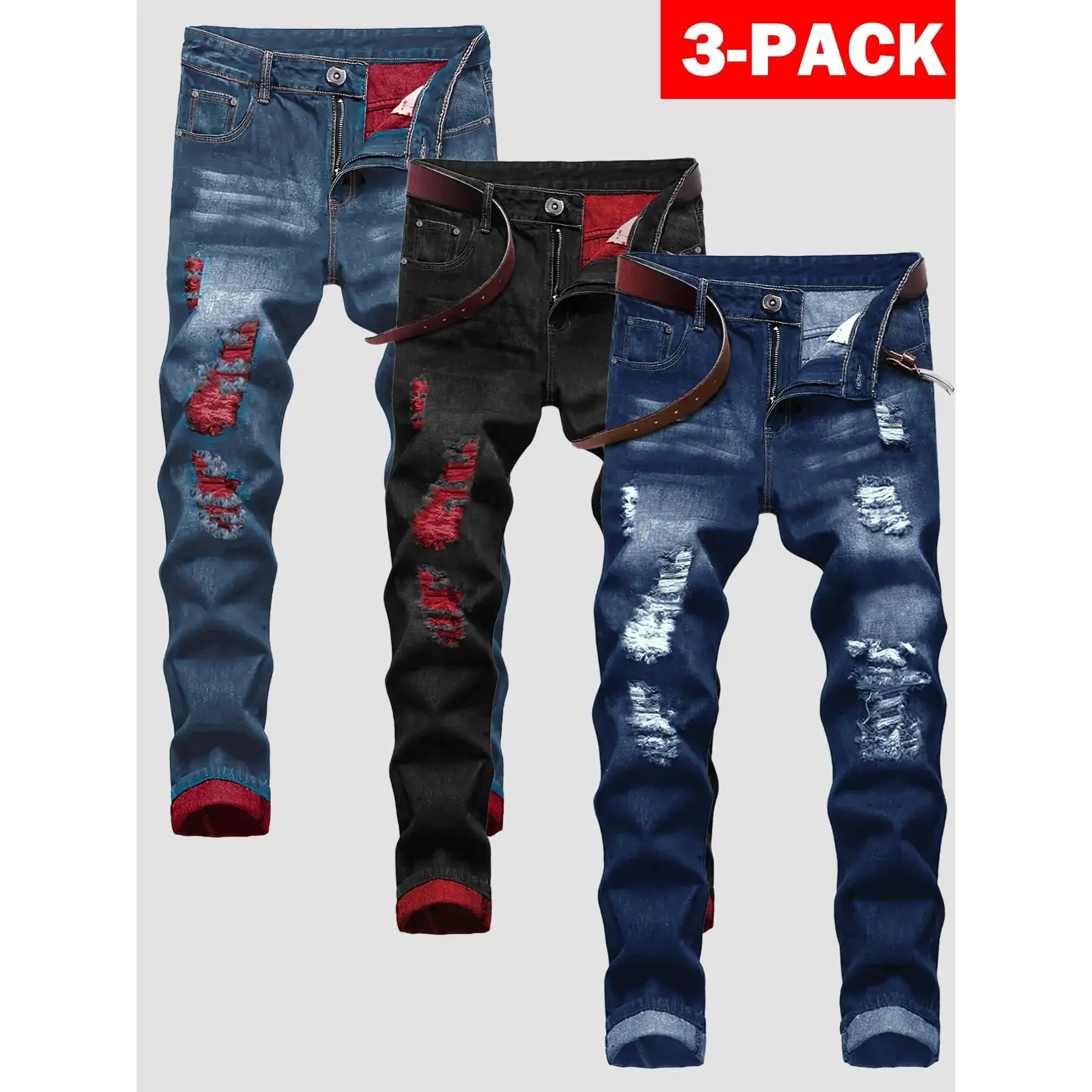3-pack men's ripped jeans, distressed stretch denim pants, slim-fit casual street style jeans
