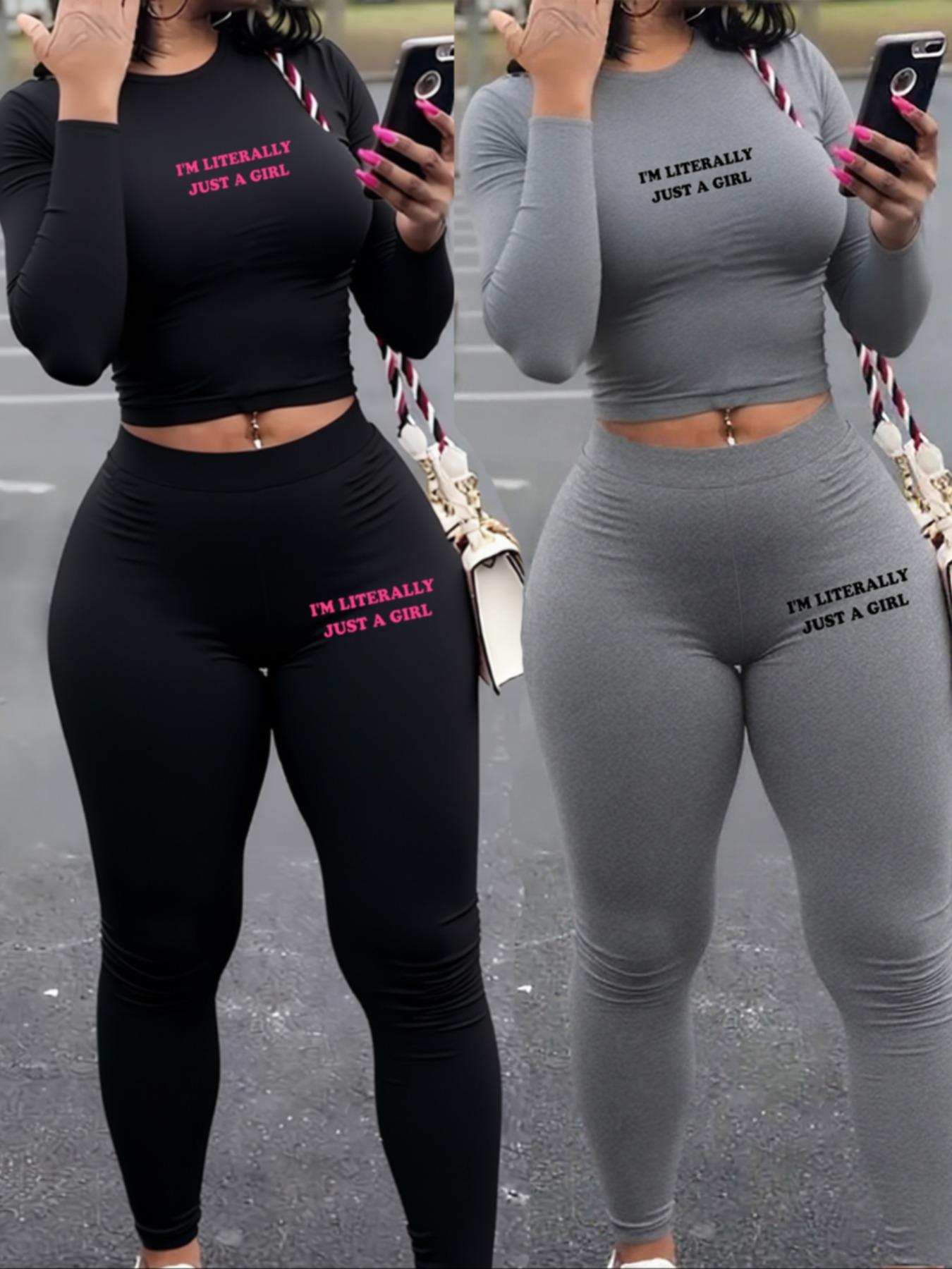 Women's Casual Fitted Crop Top Set, Long Sleeve Plain Sporty Gym Exercise Activewear, pantsuit，long johns，Two-Piece Long Pants Suit for Spring & Fall Seasons