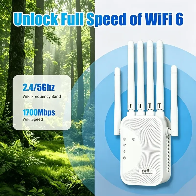 1700bps WiFi 6 Mesh Extender Signal Booster, 6-Antenna High-Speed Wi-Fi System, Whole-Home Wide Coverage, One-Click Setup, Works with Smart TVs, Game Consoles, Smartphones, Tablets, Smart Home Devices, Compact WiFi