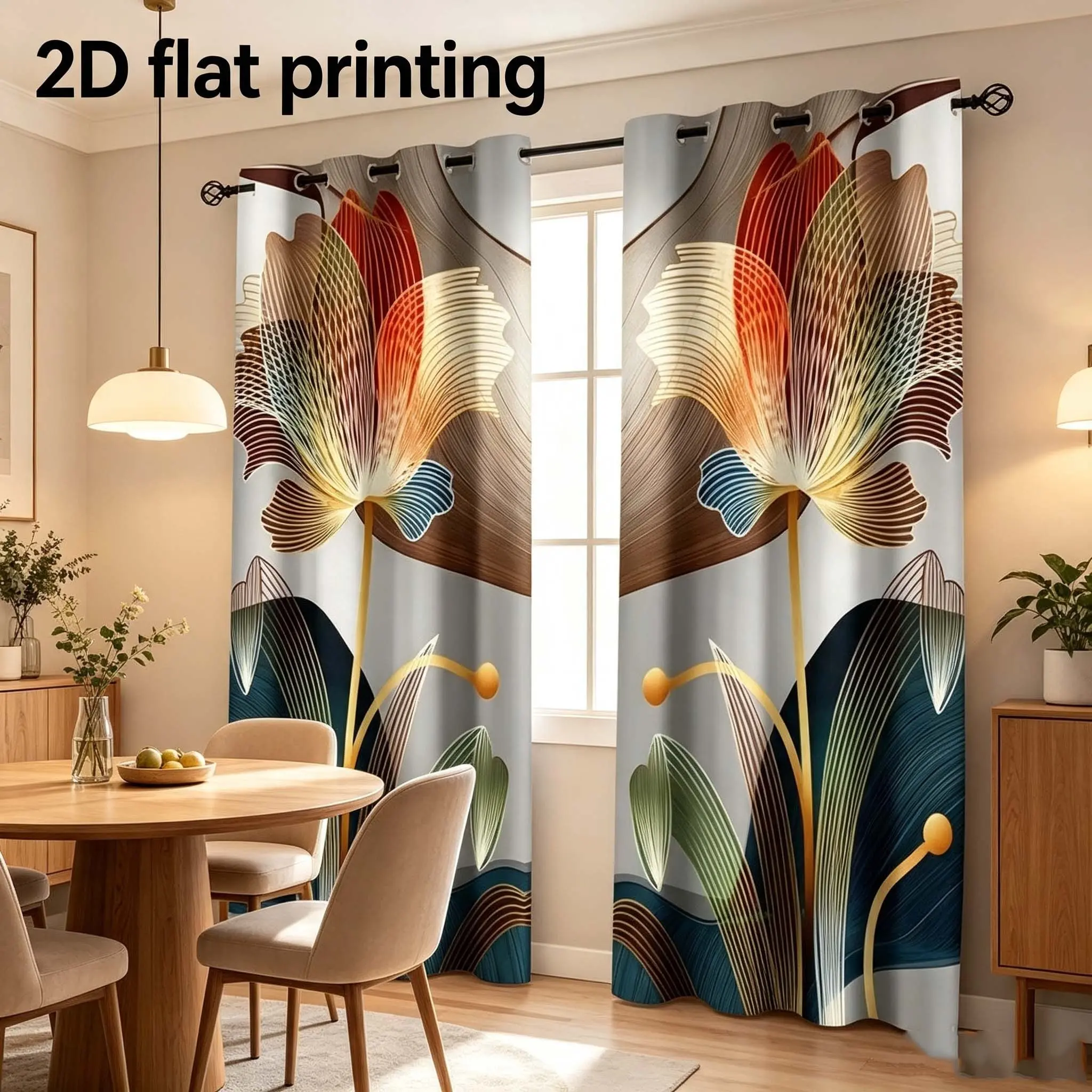 2-piece set of abstract floral luxury golden line modern flowers, digital printing for living room, bedroom, dining room, kitchen curtains, semi-opaque polyester material, Art Style Curtains, Window Curtain