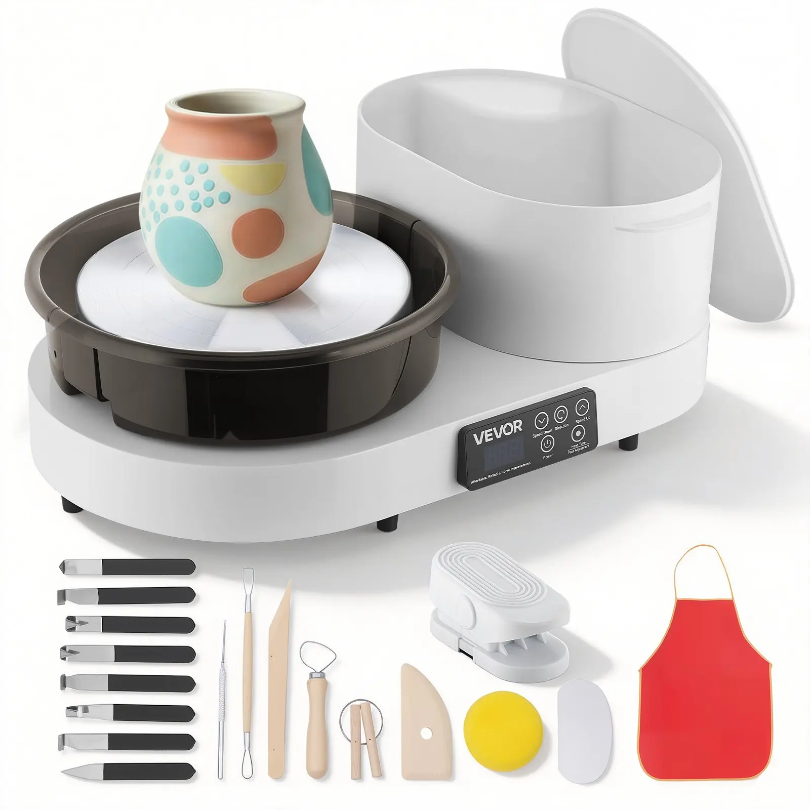 VEVOR 11in Aluminum Electric Pottery Turntable, 450W Table Top Wheel with Foot Pedal, 30-300 RPM Adjustable Speed, White Aluminum Body for Beginners' Clay Art Crafts