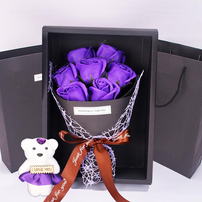 Realistic Flower Gift Box Set, Lifelike Artificial Flower, 7-Rose Bouquet with Bear Design, Creative Gift Idea for Valentine's Day, Mother's Day & Christmas