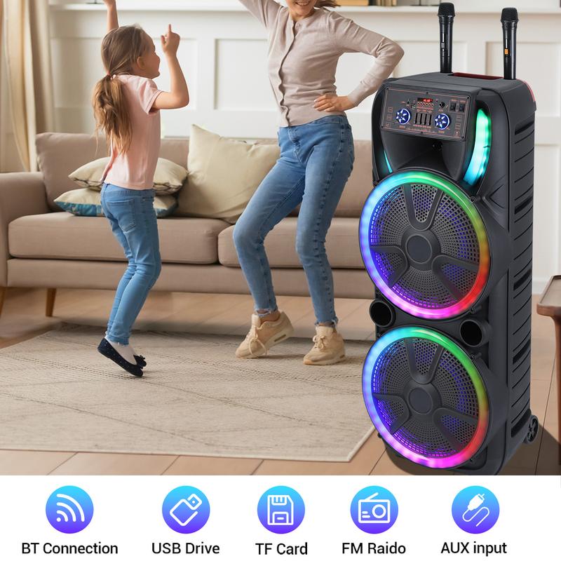 Dual 15 inch Karaoke Speaker System W/ 2 Microphone Portable Party Box Loud Big Speaker Wireless Bluetooth Stereo Rechargeable Remote Control LED Lighting