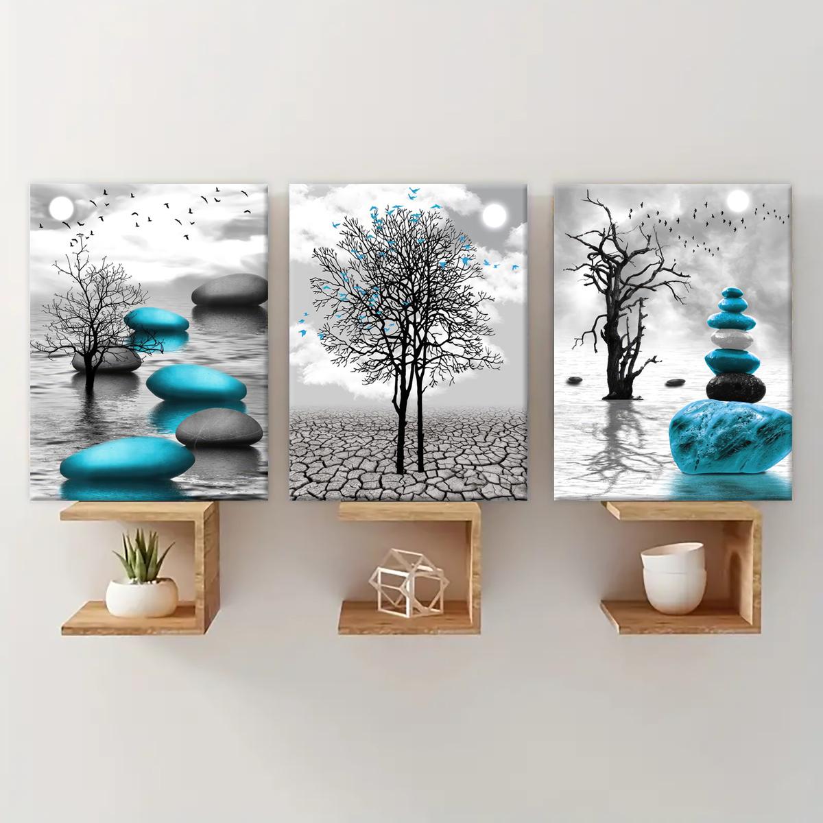 Wooden Framed Canvas Painting, 3 Counts/set Abstract Plant Pattern Western Wall Art Decoration, Wall Decor for Home Living Room Bedroom Office