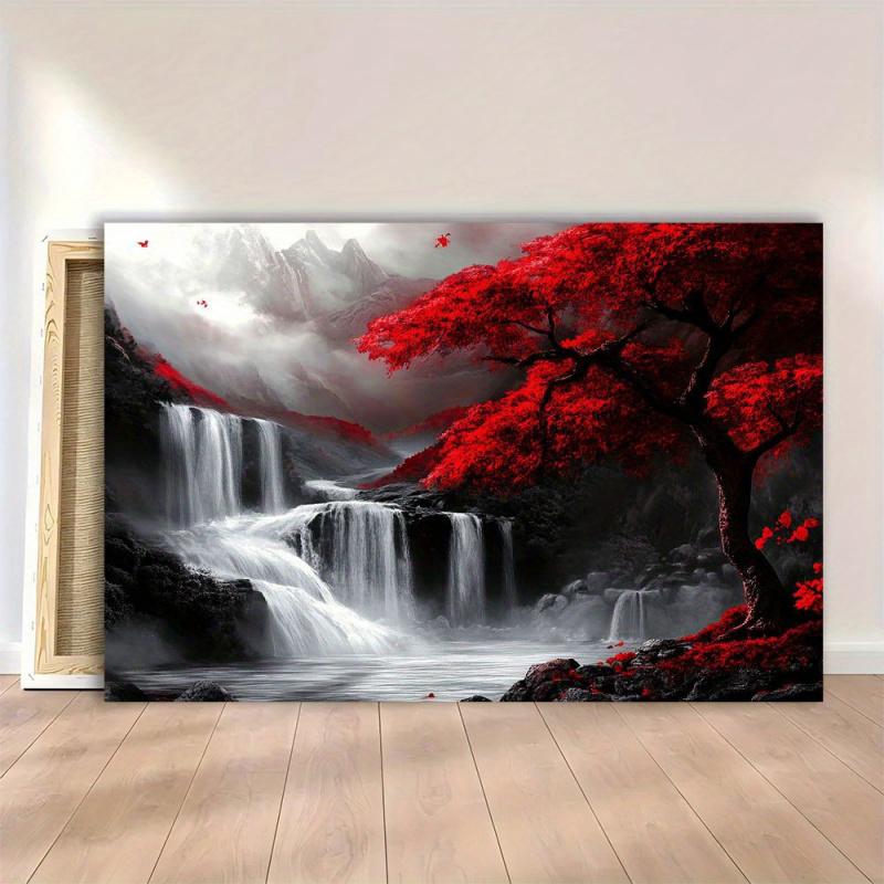 2D canvas art, 1pc wooden frame fantasy red trees and waterfalls canvas art - painting in black, white, and red color scheme, perfect for living room and home wall decoration, ideal for Christmas, Halloween, birthdays, graduations, and special occasions