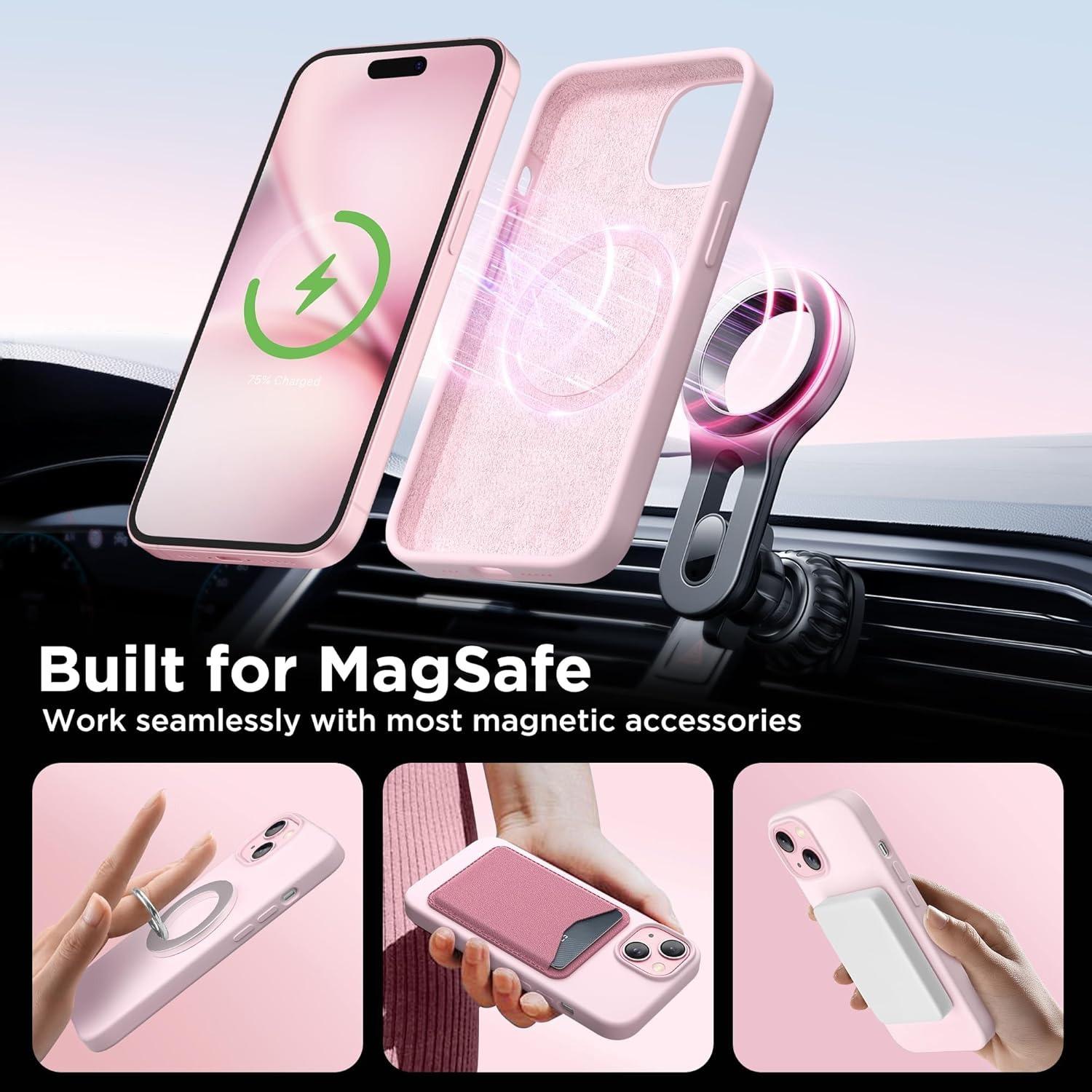 Magnetic Phone Case for iPhone 17/16/15/14/13/12/11, Compatible with MagSafe, Slim Liquid Silicone Shockproof Protective Phone Case with Soft Anti-Scratch Microfiber Lining for iPhone 17/16/15/14/13/12/11 Chalk Pink, Casing