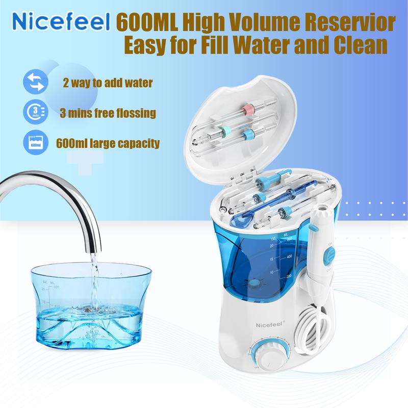 Nicefeel Water Floss - Electric Tooth Water Floss for cleaning and braces cleaning, 10 pressures and 7 Tips, 600ml Water floss for home use