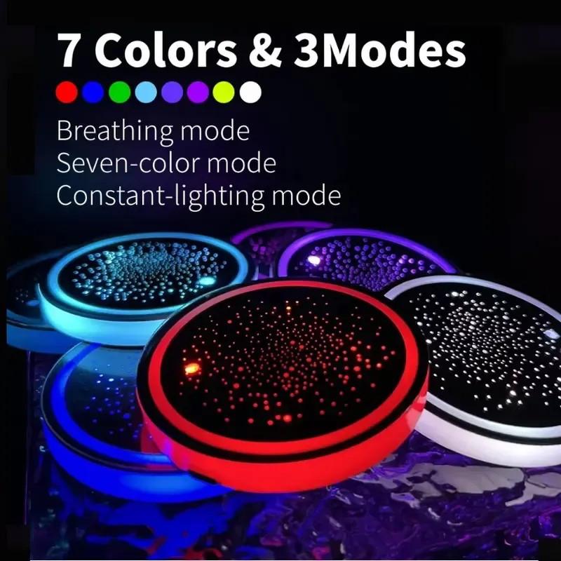 LED Cup Holder Light USB Rechargeable, 7 Color Changing Glow Interior Car Accessory, Non-Slip Cup Tray Ambient Lamp, Teenage Car Parts