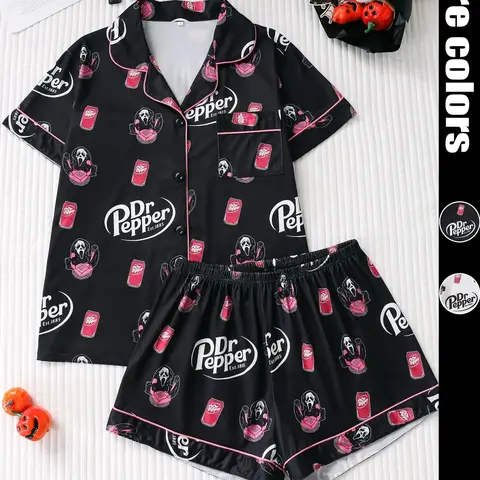 Women's Halloween Skull Pajamas Set, Collared Pajamas, All-Over-Print Short Sleeve Button Top & Loose Shorts, Casual Comfortable Sleepwear for All Seasons