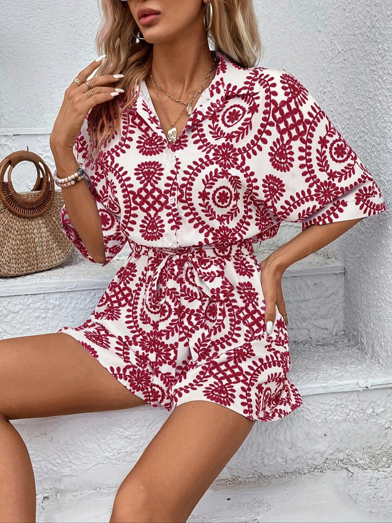 Women's All Over Print Button Front Belted Shirt Romper, Casual Batwing Sleeve Collared Playsuit for Summer, Women's Clothes for Daily Wear