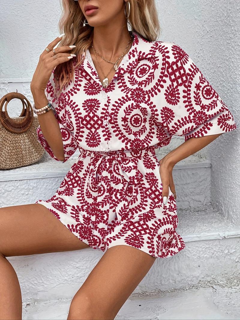 Women's All Over Print Button Front Belted Shirt Romper, Casual Batwing Sleeve Collared Playsuit for Summer, Women's Clothes for Daily Wear