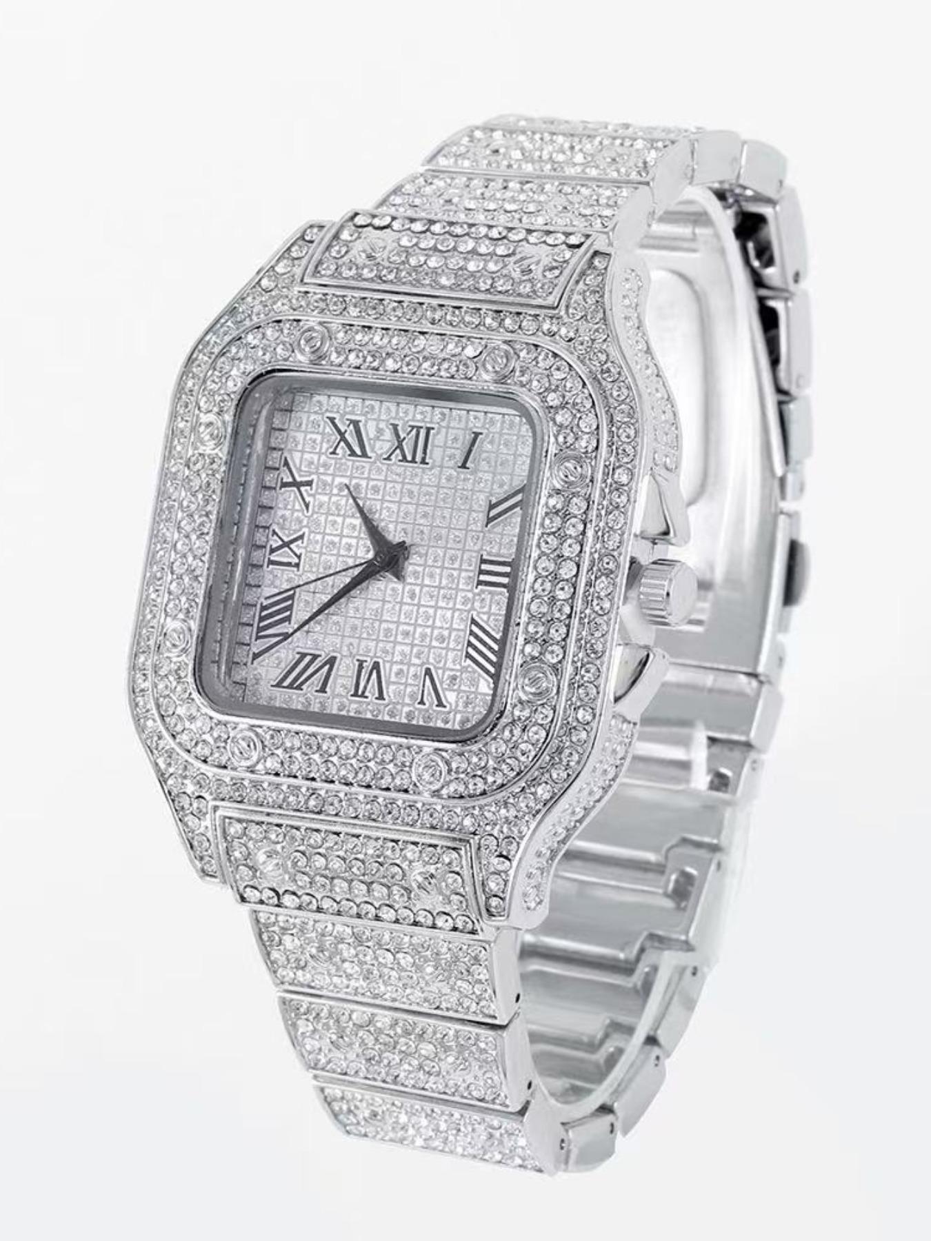Men's Casual Fashion Quartz Watch, Elegant Square Dial Rhinestone Decorated Alloy Case Wristwatch, Classic Simple Fashion Street Style For All Seasons, Black Friday Deal Watch Suitable For Casual Business Wear, Birthday Christmas Gift