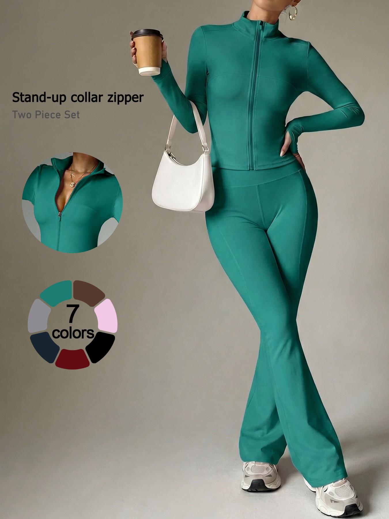 Women's 2-Piece Fitness Set, Stand Collar Full Zip Jacket, Long Sleeve High Waist Yoga Pants, Sporty All-Season Workout, Athleisure Wear Set, Yoga Outfit