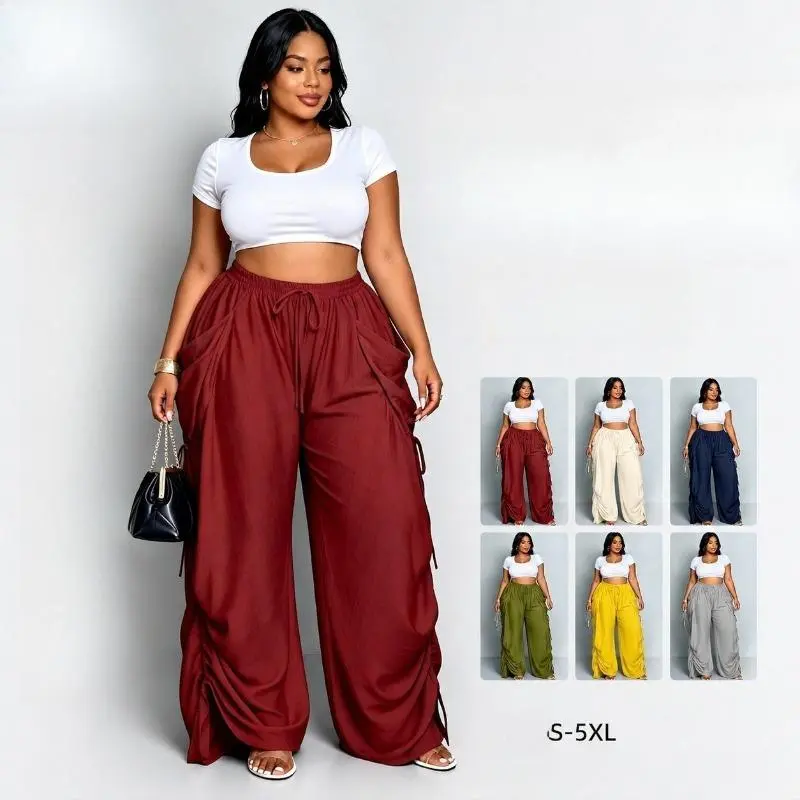 Women Plus Size Ruched Wide Leg Cargo Pants High Waist Drawstring Parachute Pants Casual Flowy Loose Trousers S-5XL Burgundy Cream Navy Olive Yellow Grey