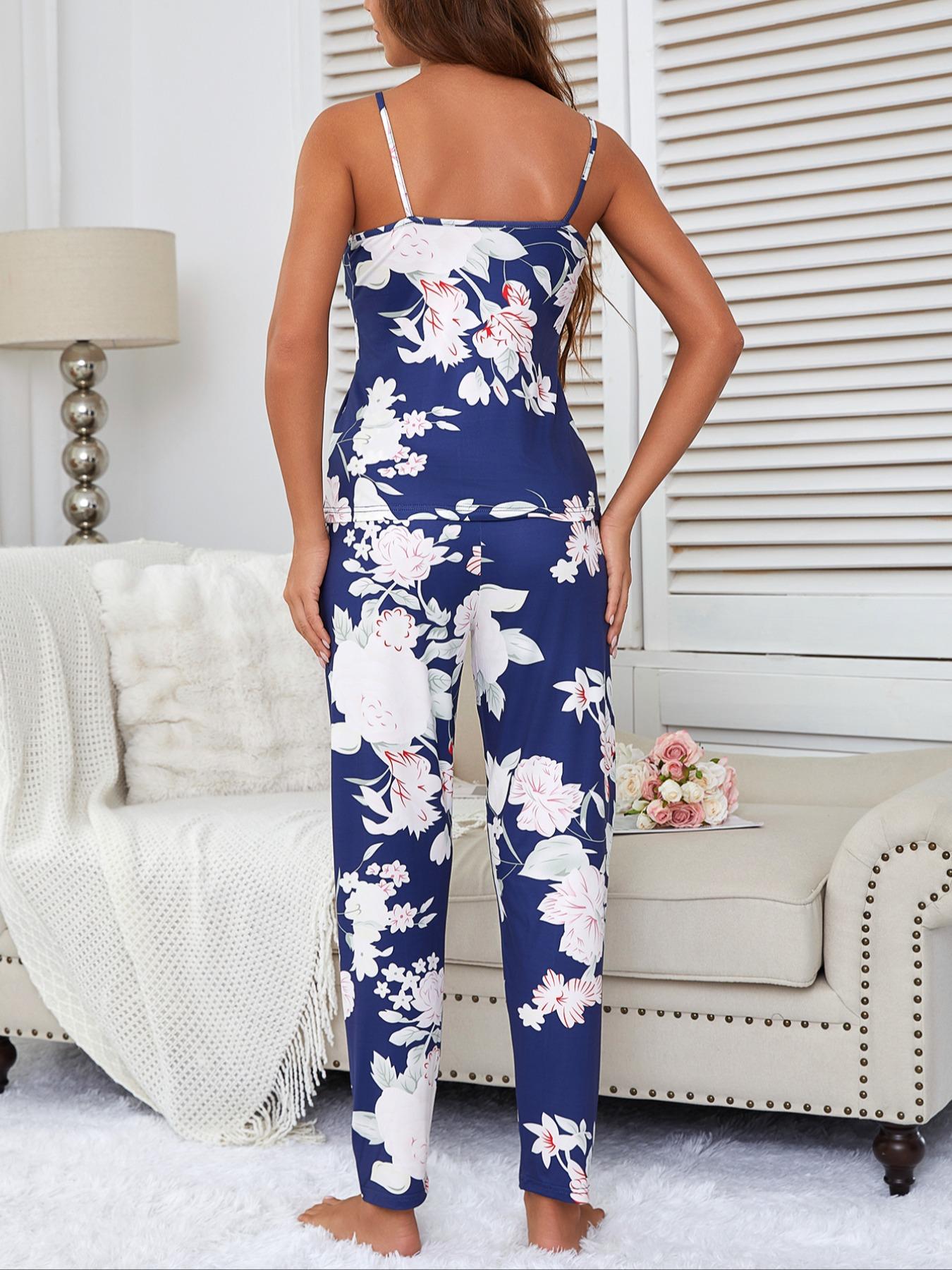 Women's Floral Print Strap Pants Set, Casual Fitted Sleepwear with Belted Long Sleeve Robe, All Season Comfortable Loungewear