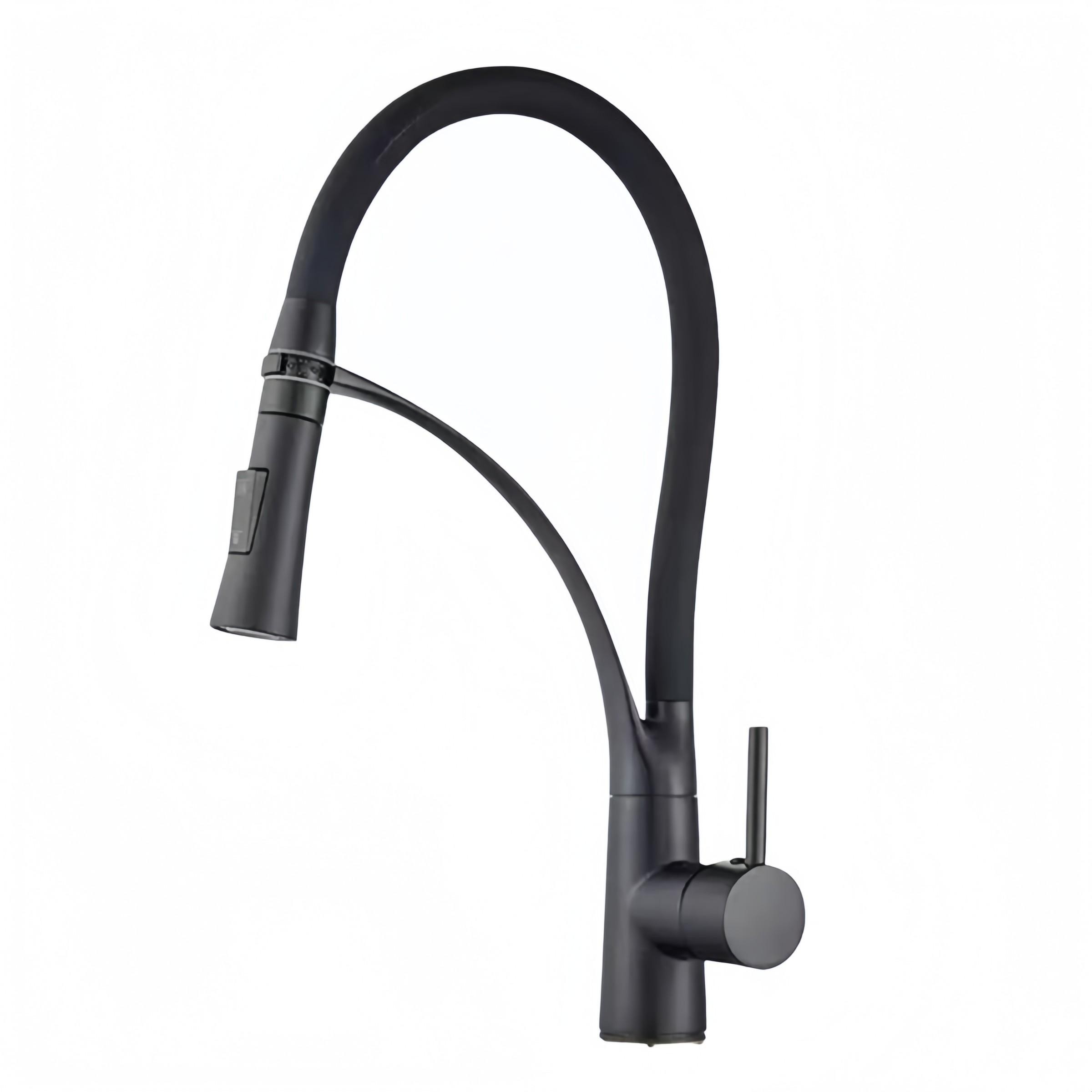 Extractable Kitchen Faucet Flexible Silicone Sprayer, Single Handle Pull-Down Brass Goose Neck, Modern High Arc, Polished Chrome Rubber Nozzle Hose