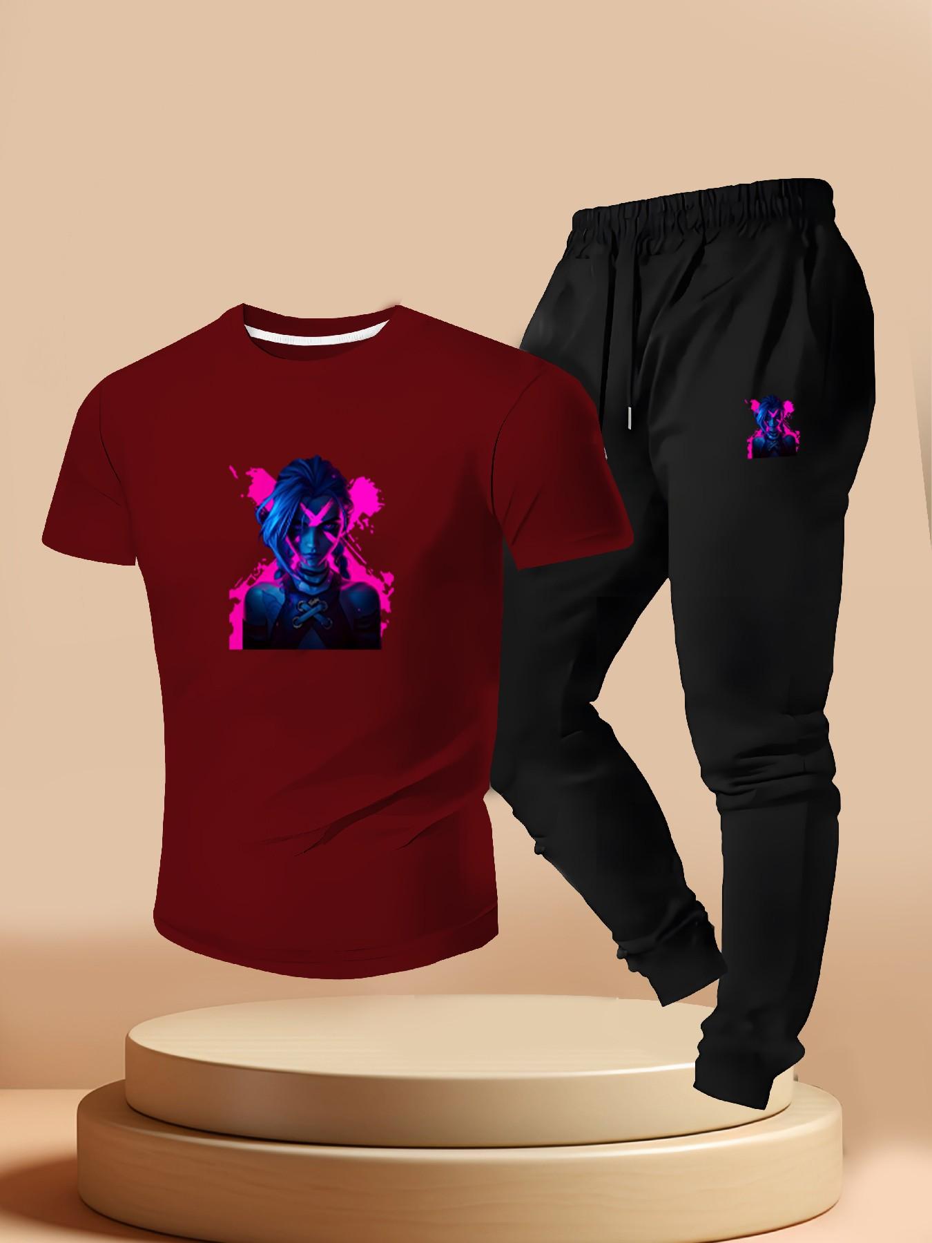 Cyberpunk Neon Gold Khione League of Legends Print, Casual Short Sleeve T-Shirt + Jogger Pants Set, Summer Gamer Style