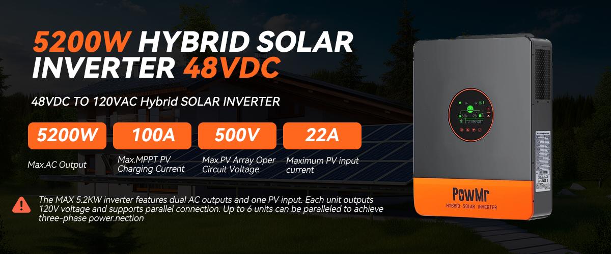 Solar Inverter 5200W 48Vdc to 110Vac, Split-Phase Inverter Built-in 100A MPPT Controller | Max.PV Input 6KW 500VOC | Support 6 Units Parallel and Batteryless Run Solar Inverter 5200W 48Vdc to 110Vac, Split-Phase Inverter Built-in 100A MPPT Controller | Max.PV Input 6KW 500VOC | Support 6 Units Parallel and Batteryless Run