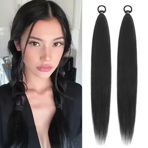 26 Inch Yaki Straight Braided Ponytail Extension, 2 Pack Black Elastic Tie Wrap Around Long Synthetic Braided Hair Ponytail Extensions for Women(Black, 26inch)