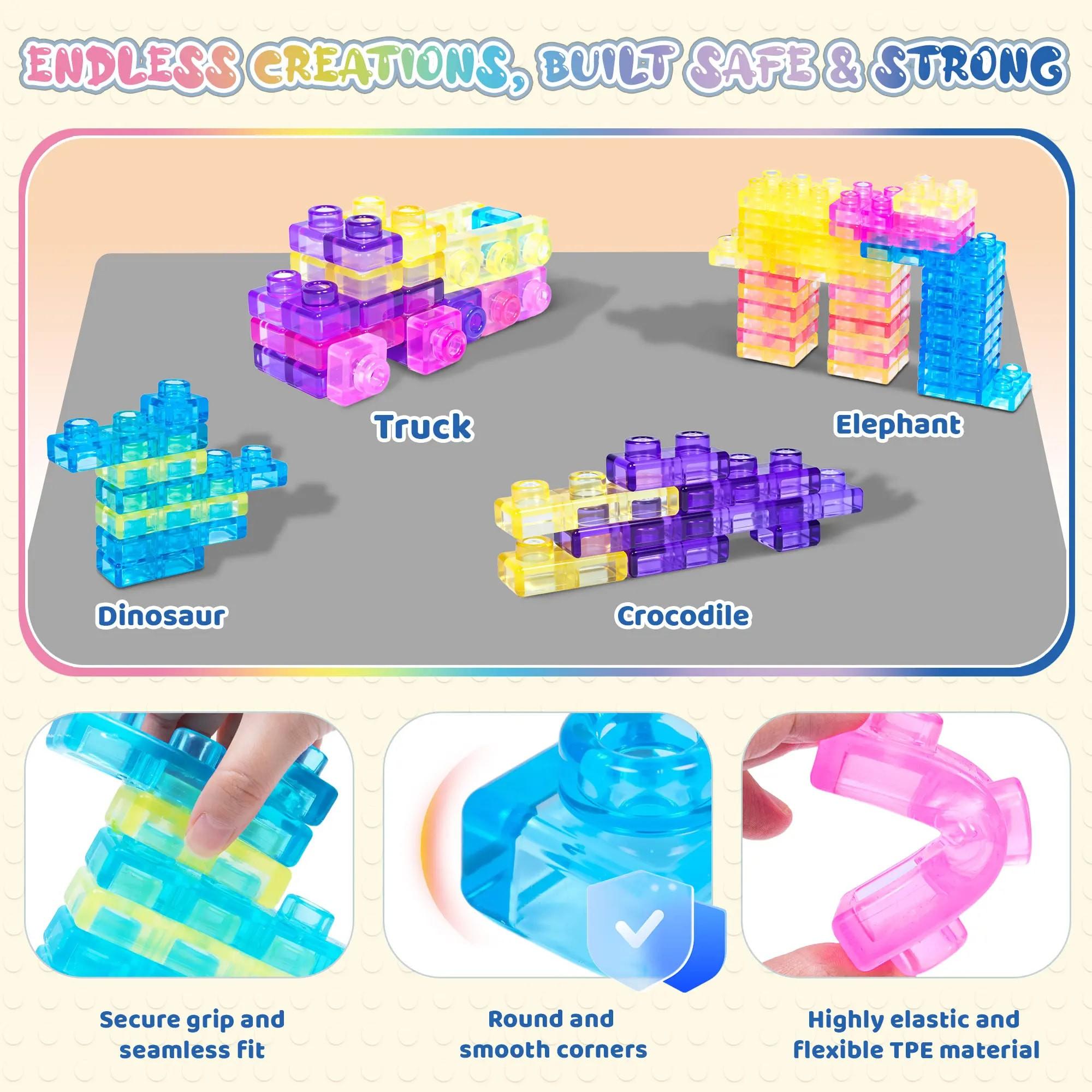 Multi-colored stackable jelly building block toy set, jelly soft building blocks, non-toxic sensory tactile toy, safe, soft, squeezeable and stretchable, suitable for early education and STEM creative building for children aged 3 and up, birthday gift.