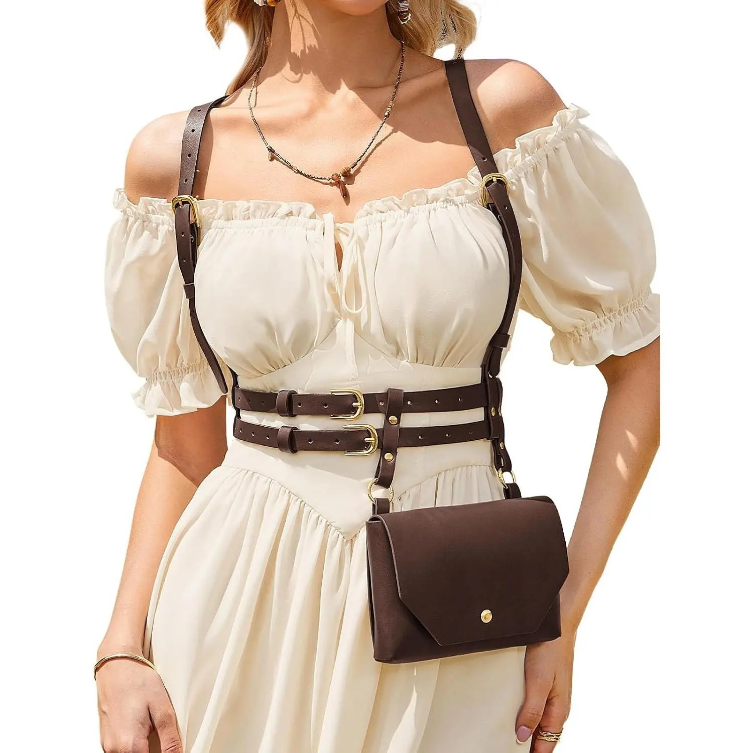Women's Renaissance Sepia Leather Belt Pouch - Detachable Medieval Viking Bag, Adjustable Shoulder Straps, Free Size, for Halloween Cosplay & Rock Concert