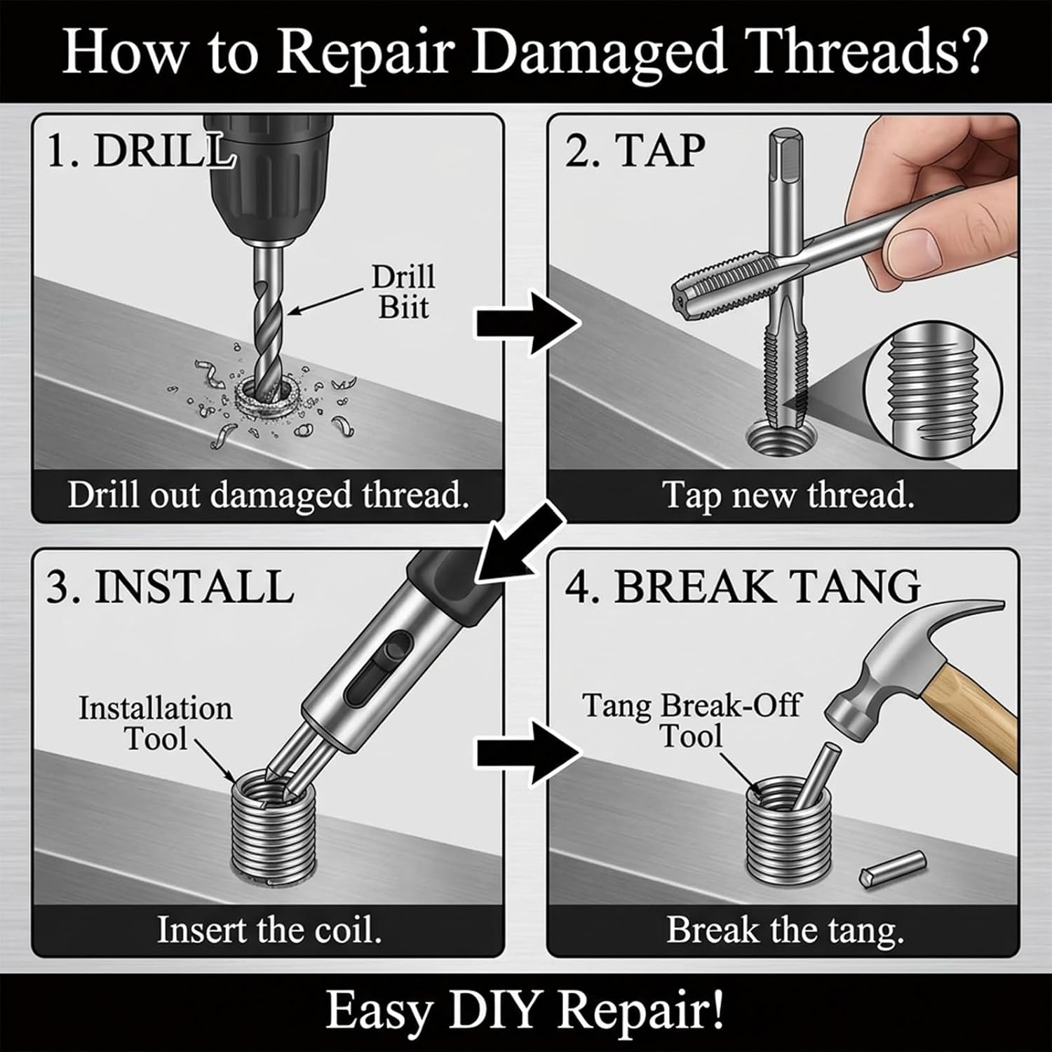 Thread Repair Inserts Kit 140 count 304 Stainless Steel Metric Thread Insert | M3 M4 M5 M6 M8 M10 M12 Wire Thread Repair Inserts for Automotive, Machinery, Engine Repair