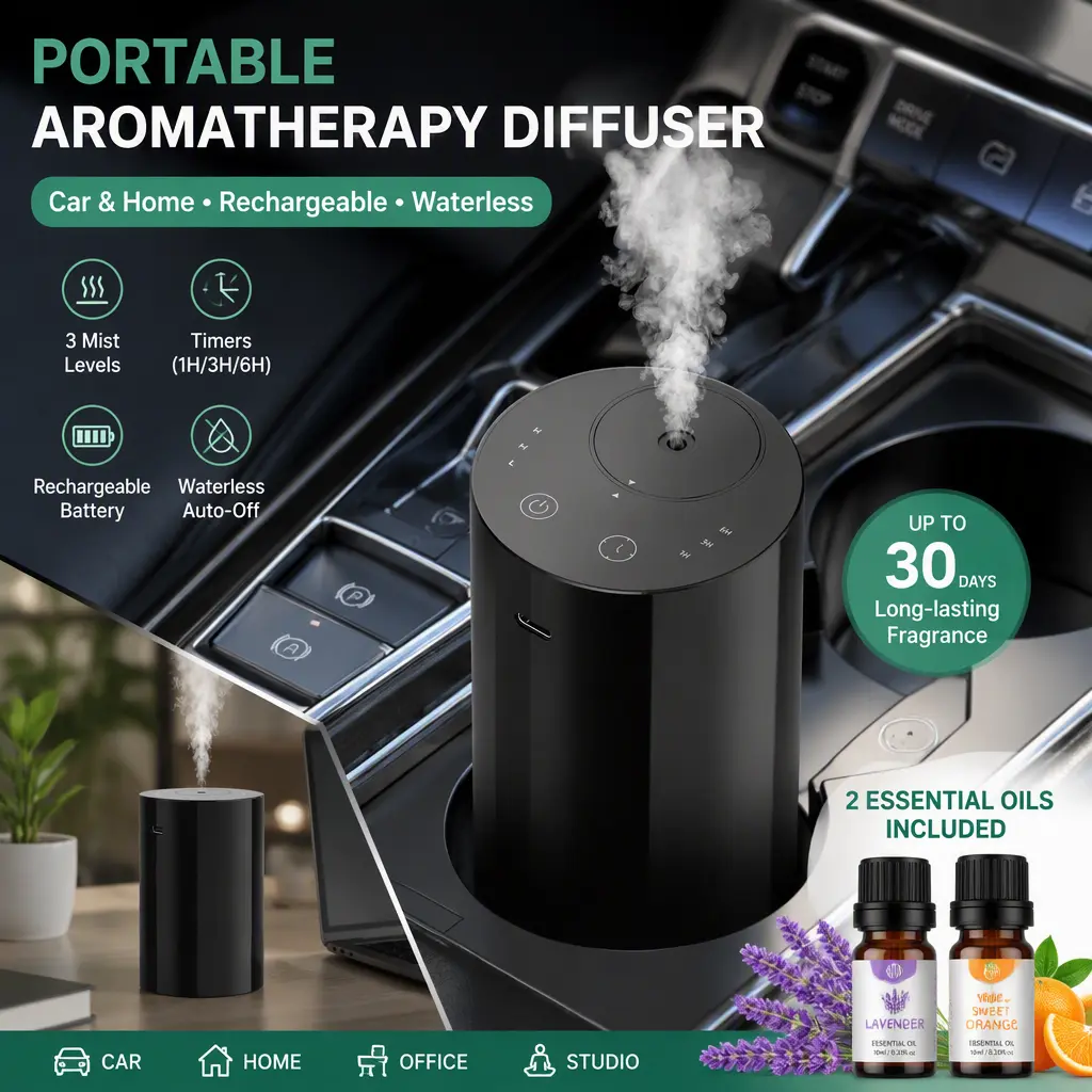 3‑Mist‑Level Waterless Essential Oil Diffuser, Rechargeable with Timers, Portable Aromatherapy for Car Home Office Studio, 2 Oils Included
