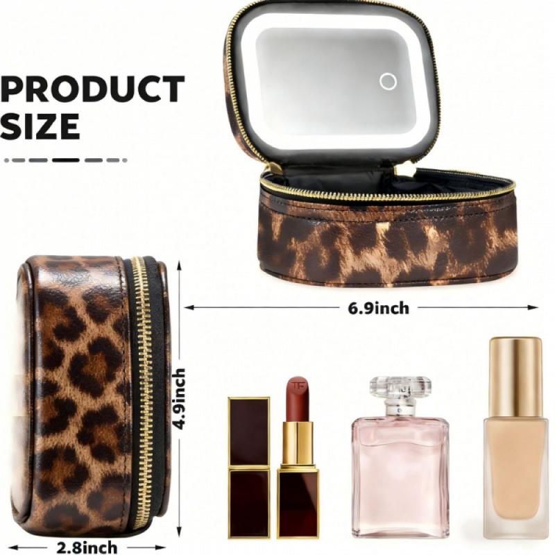 Leopard Print PU Leather Jewelry Display Case with LED Light Mirror Waterproof Makeup Organizer Luxury Cosmetic Storage Box for Home Travel