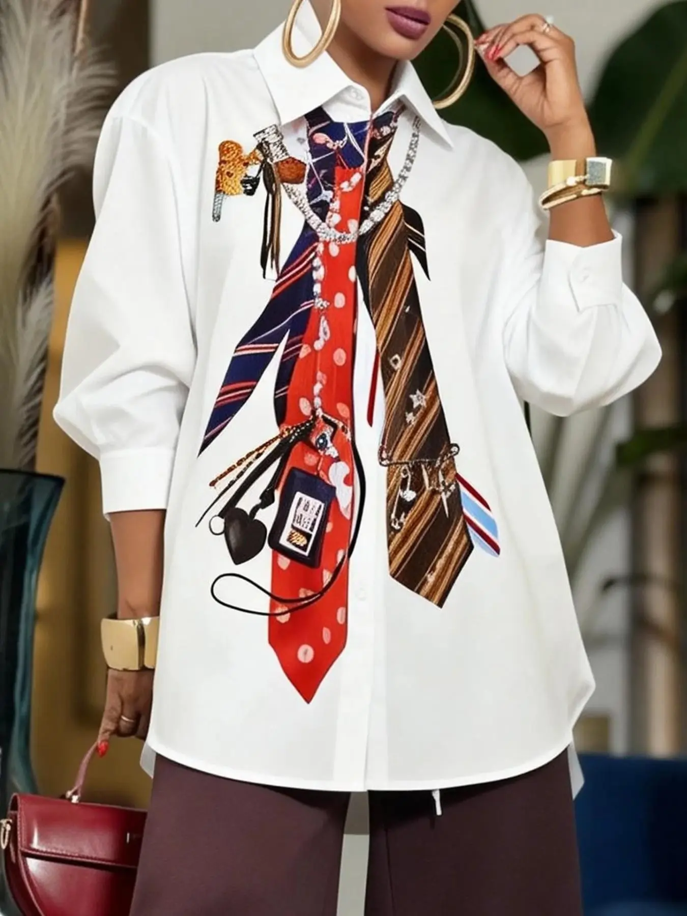 Women's Avant-Garde Art Graphic Print Shirt, Oversized Long Sleeve Polyester Blouse, Unique Tie Pattern Statement Top, Fashionable Casual Wear