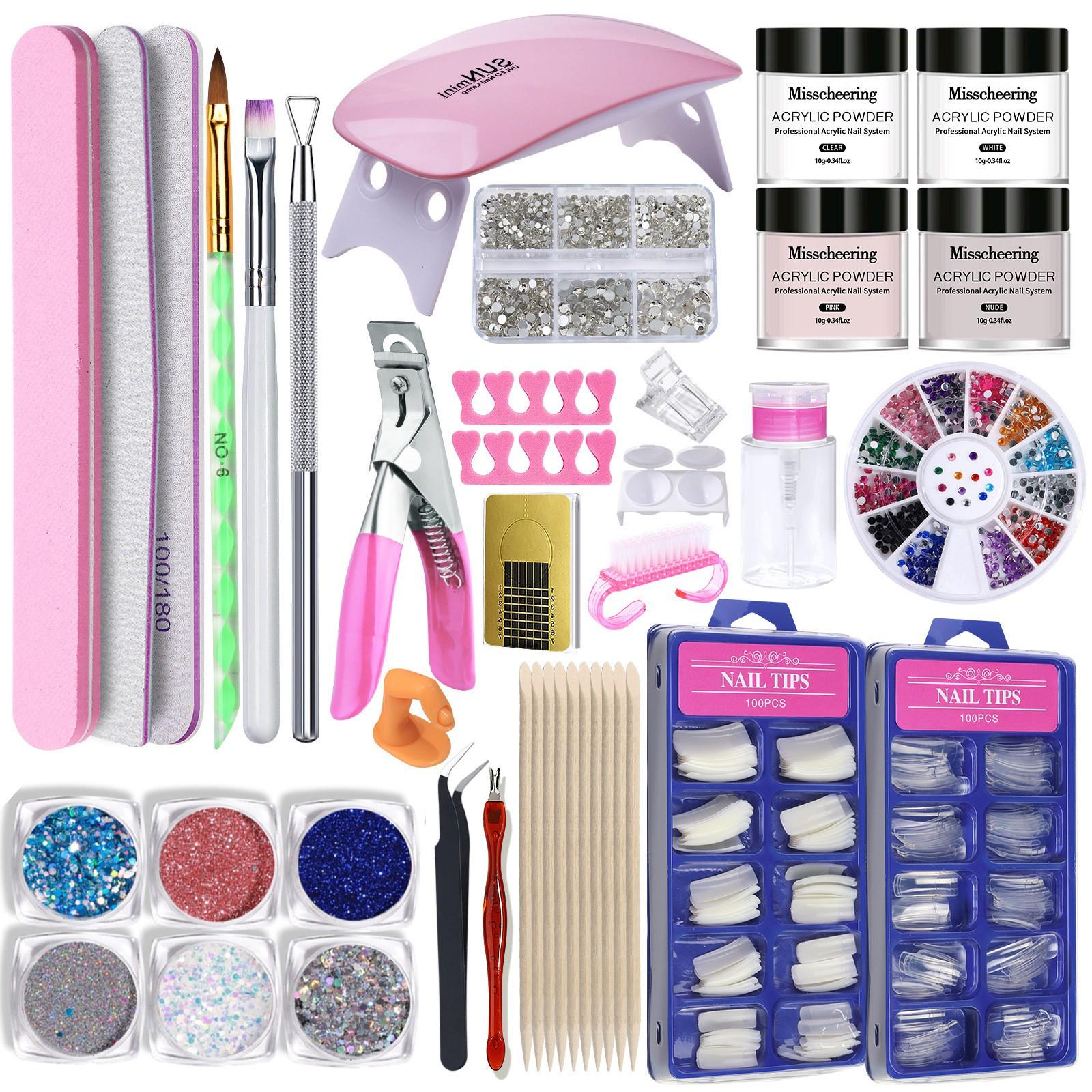 Acrylic Nail Starter Kit 38 Pieces with UV Nail Lamp, Complete Manicure Set with Acrylic Powder, False Nail Tips, Nail Glitter, Rhinestones and Nail Art Tools for DIY Nail Art Acrylic Nail Kit for Beginners Nail Art Kits