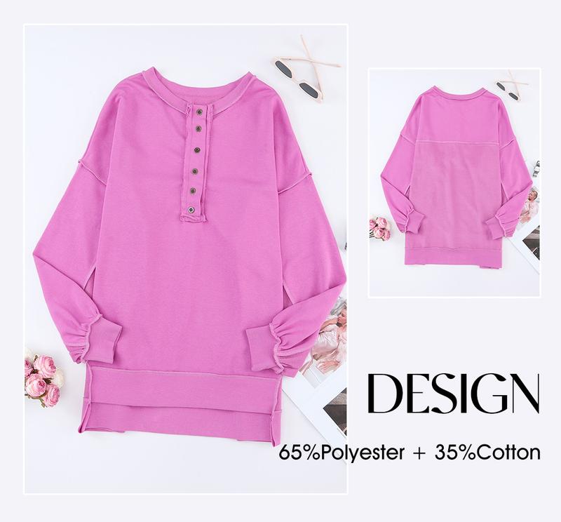 EVALESS Women's Oversized Button Henley Sweatshirts,Casual Long Sleeve Pullover Sweater,V Neck Solid Patchwork Tunic Tops,2026 Fashion Womenswear Fall Winter Outfits