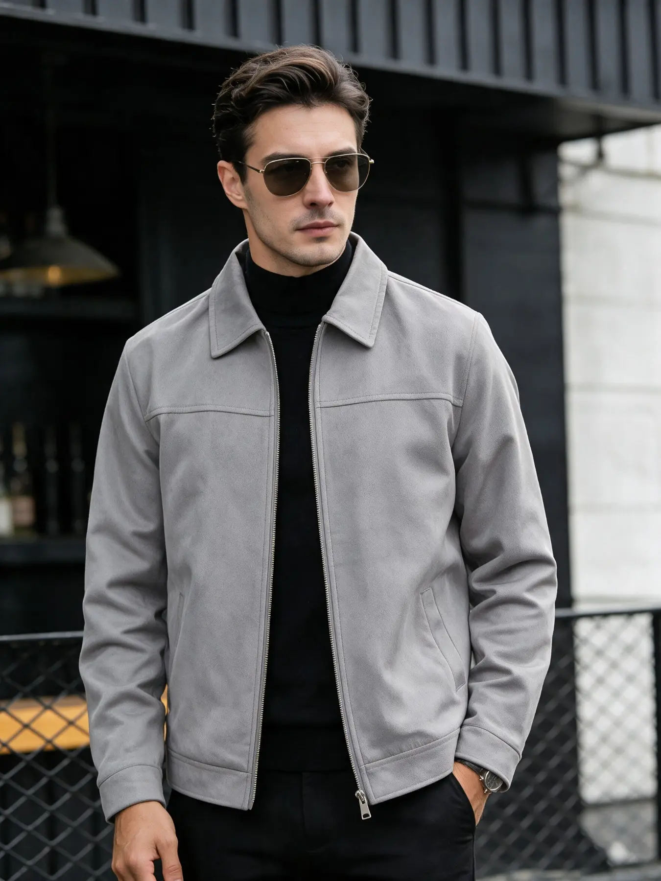 Men's Plain Lapel Full Zip Suede Jacket, Simple Commuter Casual Long Sleeve Coat, Fitted H-Type Design, Unlined Plain Surface, Collared Zipper Jacket