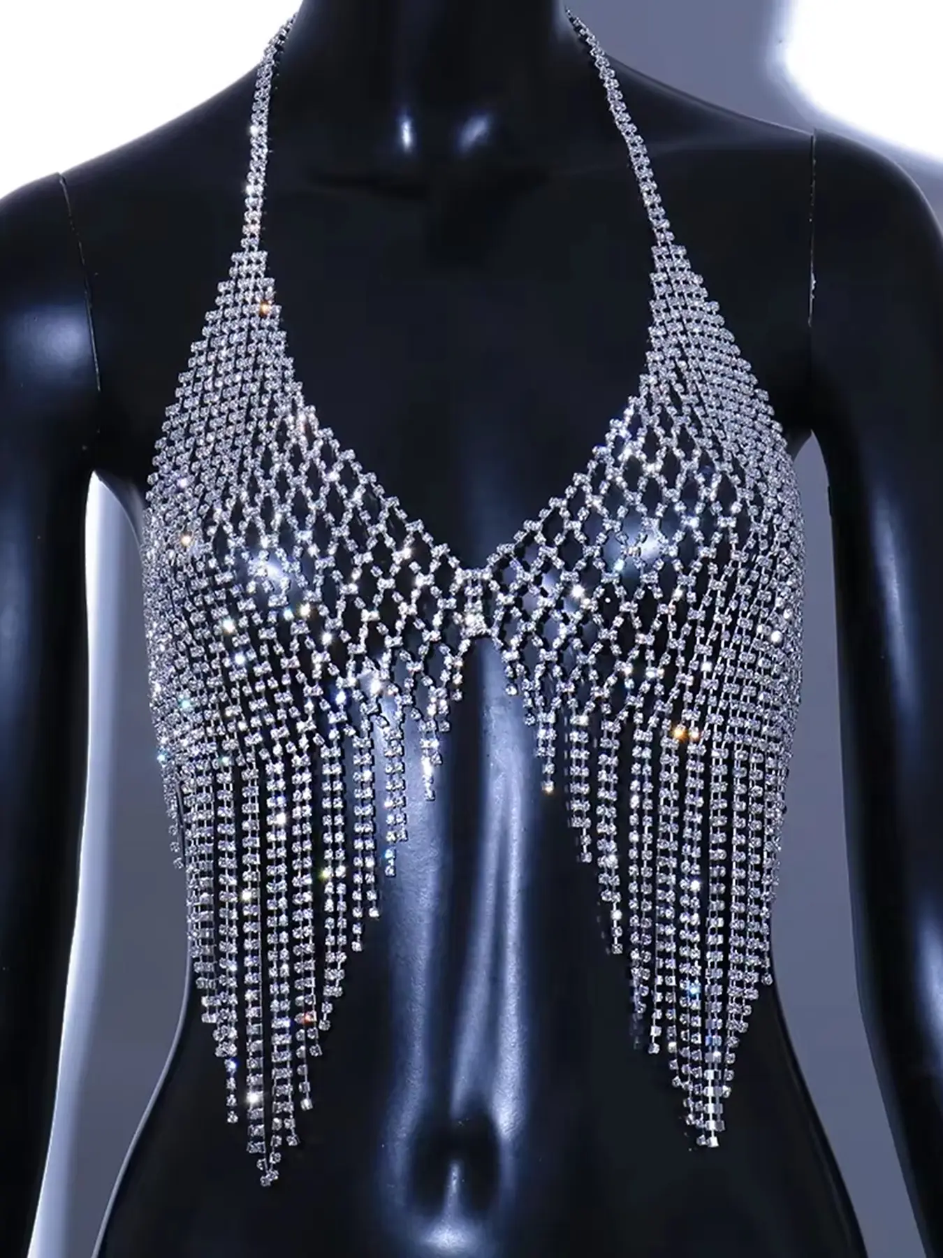 Coachella-style Rhinestone Body Chain, full diamond tassel design, adjustable fit. Sexy lingerie/bikini accessory, sparkling V-shaped pendant. Perfect for music festivals, raves, beach trips, parties & dates.