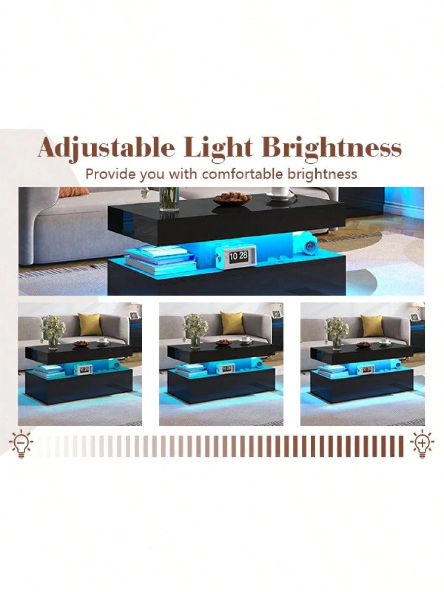 Living Room Coffee Table With LED Light, Modern High Gloss Center Table With Storage
