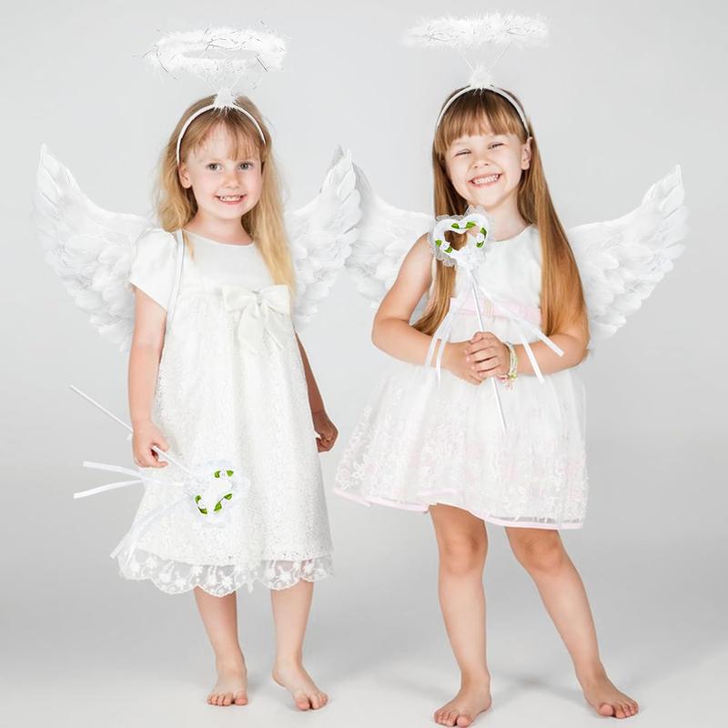 Angel Wings and Halo Set - Feathered Angel Halo Headband, Angel Wings and Wand - Halloween Costumes