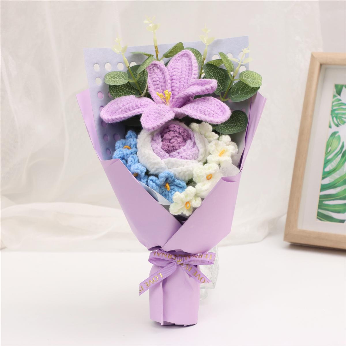 Realistic Tulip Rose Bouquet, Handmade Knitted Flower Arrangement, Crochet Artificial Flowers, Wedding Decoration, Christmas Valentine's Day Gift, Party Present