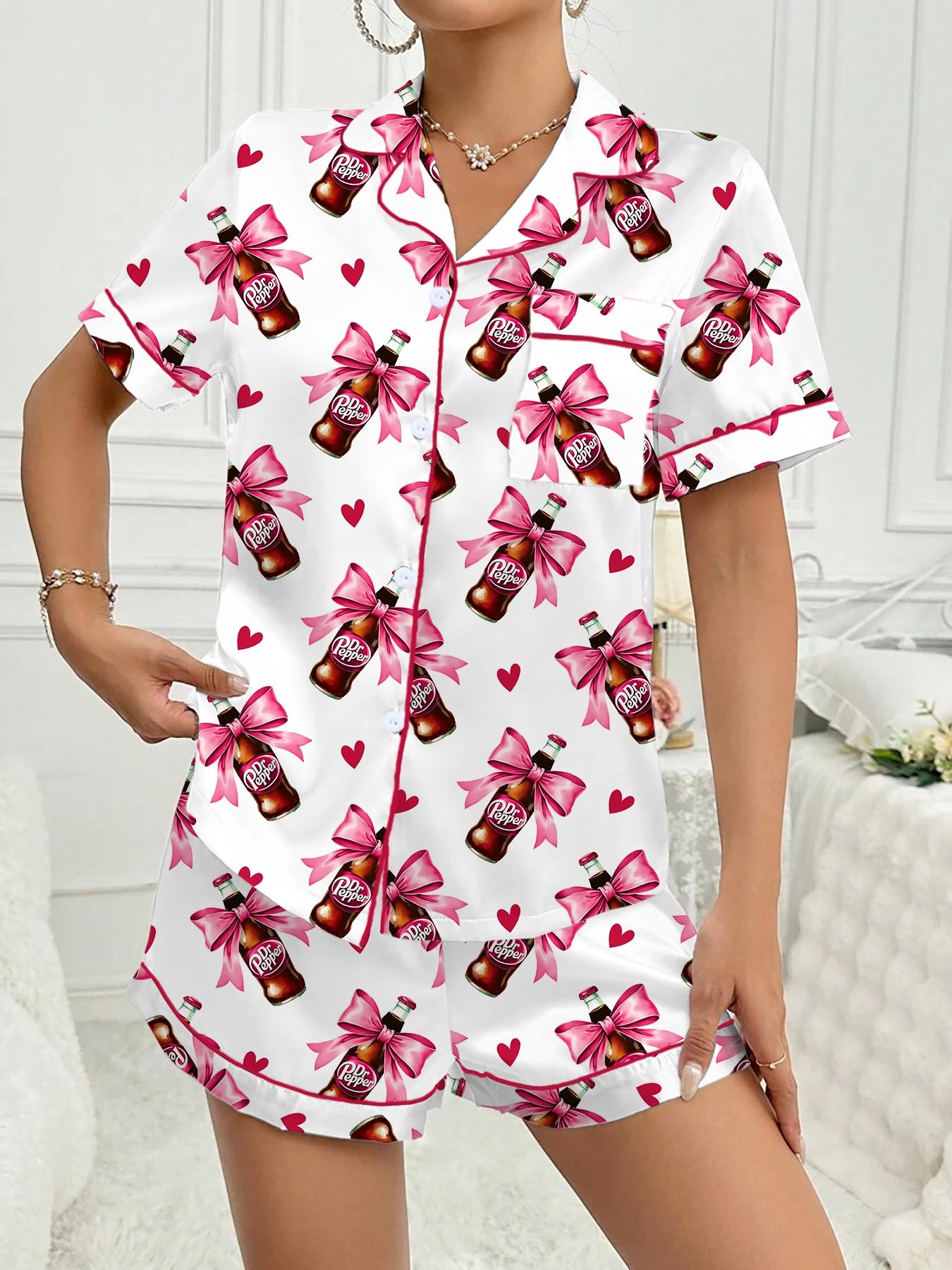 Women's Comfortable Cute Elastic Sleepwear Set, Spring Bow Tie Shirt and Pants Two-Piece, Short Sleeve Shorts, Party Wear