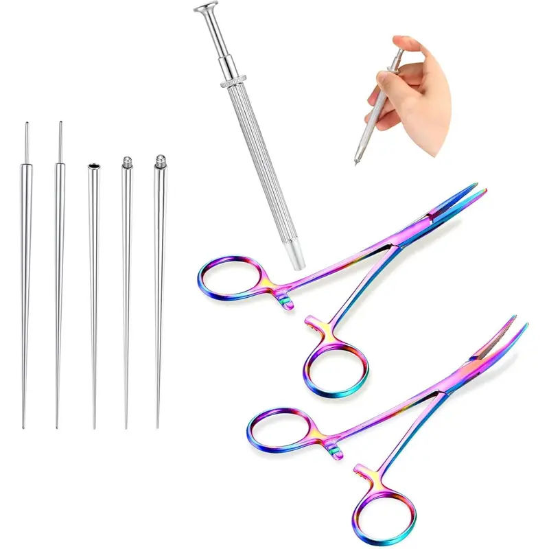GEMQUEEN Rust-Proof Stainless Steel Piercing Taper Pliers Ball Grabber Piercing Kit - 4.7in Curved/Straight Forceps, 14G/16G/18G Sizes, Acrylic-Safe, Secure Hold, Internal Thread Insertion Pins, for Earlobe Helix Tragus Body Jewelry Adjustment