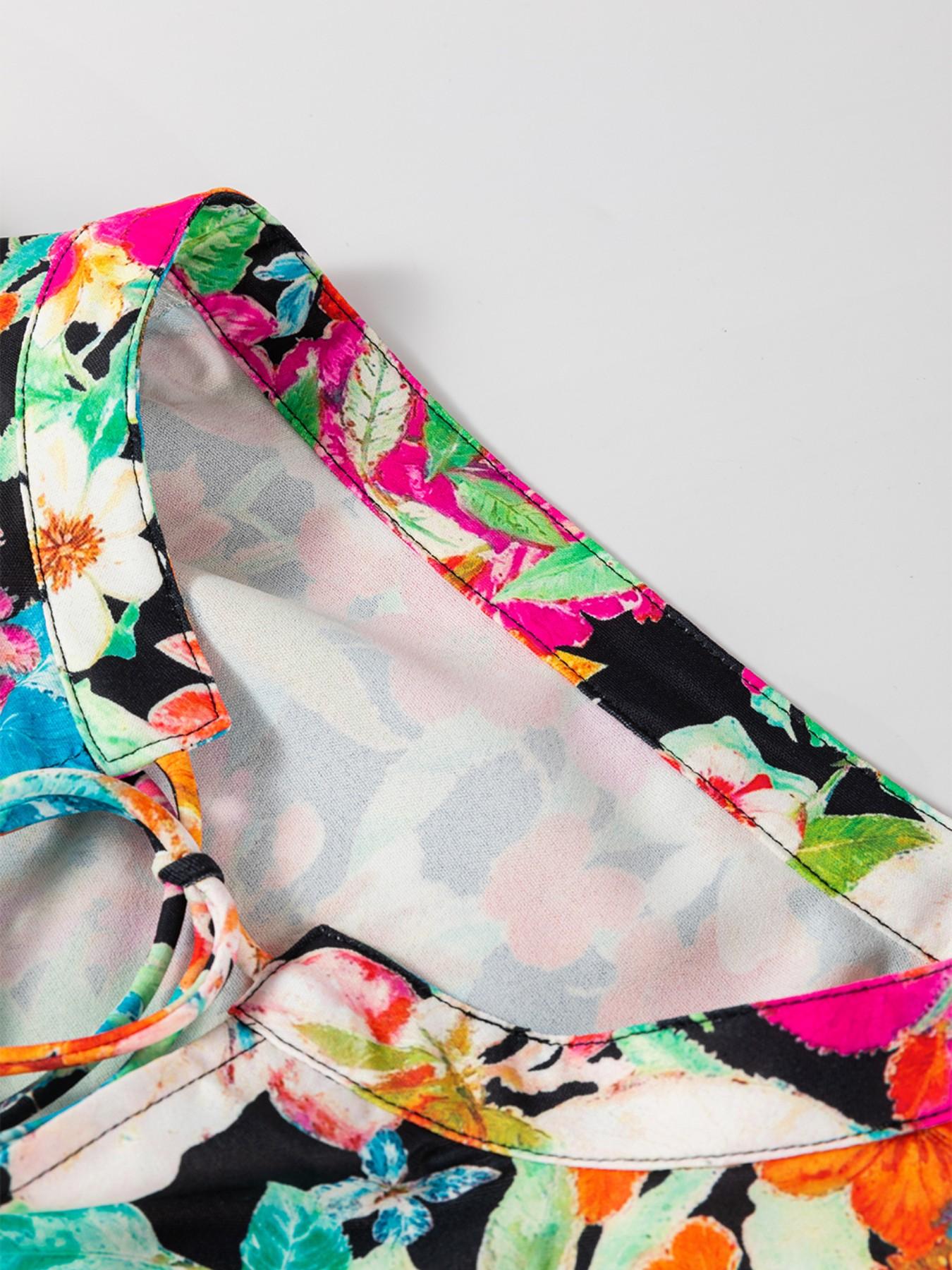 Elegant Spring & Fall Long Sleeve Floral Print Bubble Hem V-Neck Shirt, Loose-Fitting Multicolor Boho Blouse for Women