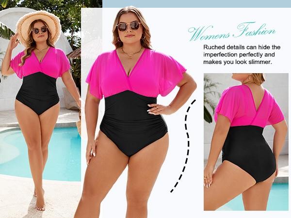 Blooming Jelly Plus Size Mesh V Neck Maternity Women's Tummy Control One Piece Swimsuit #SwimWeek #Summervibes
