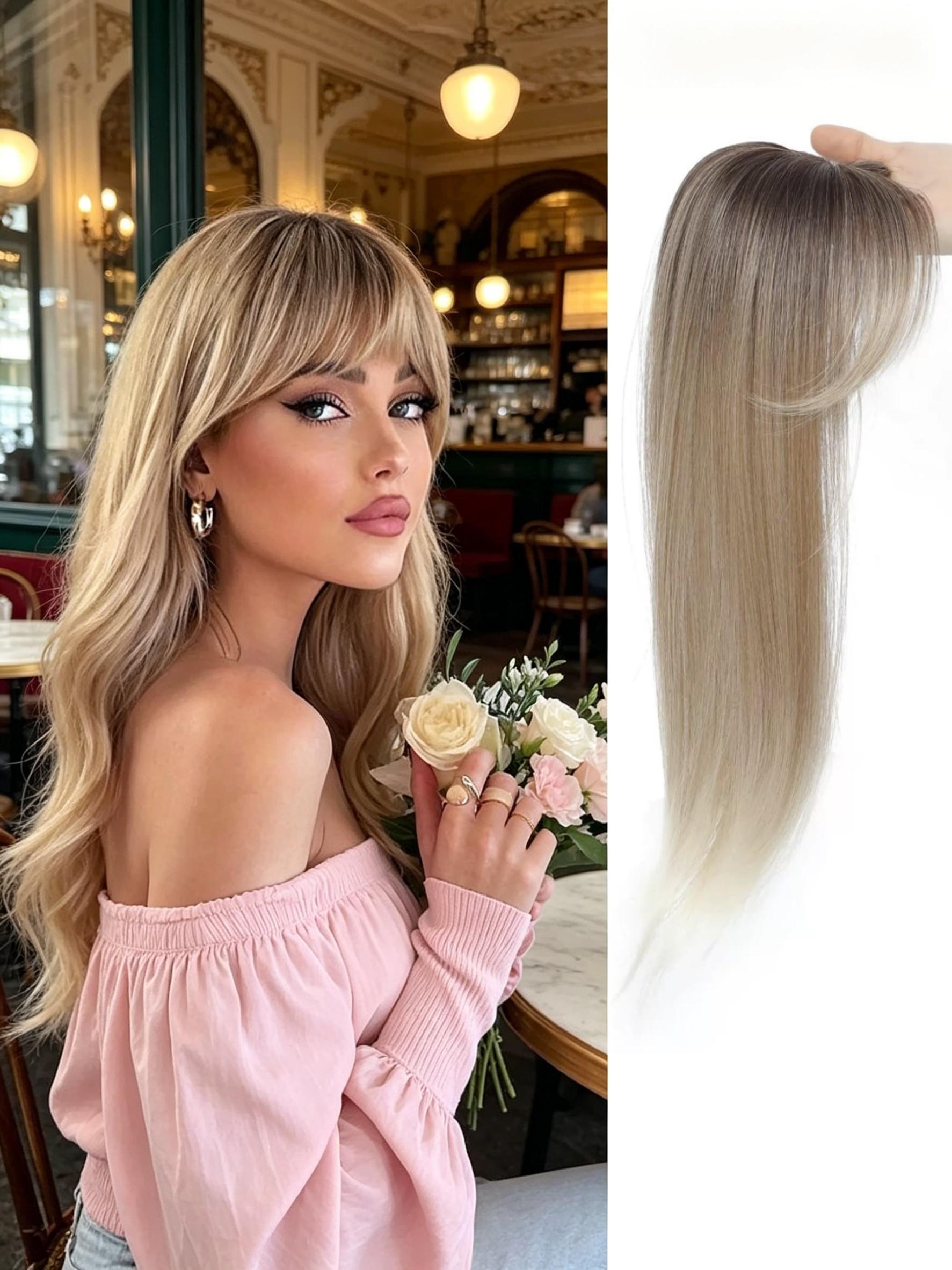 ✨Fresh Summer Beach Dark Chestnut Straight Clip-In Topper, Premium Kanekalon Synthetic Hair With Soft Layered Curtain Bangs, Seamlessly Mask Sparse Scalp, Ideal For Seaside Trips & Simple Daily Looks