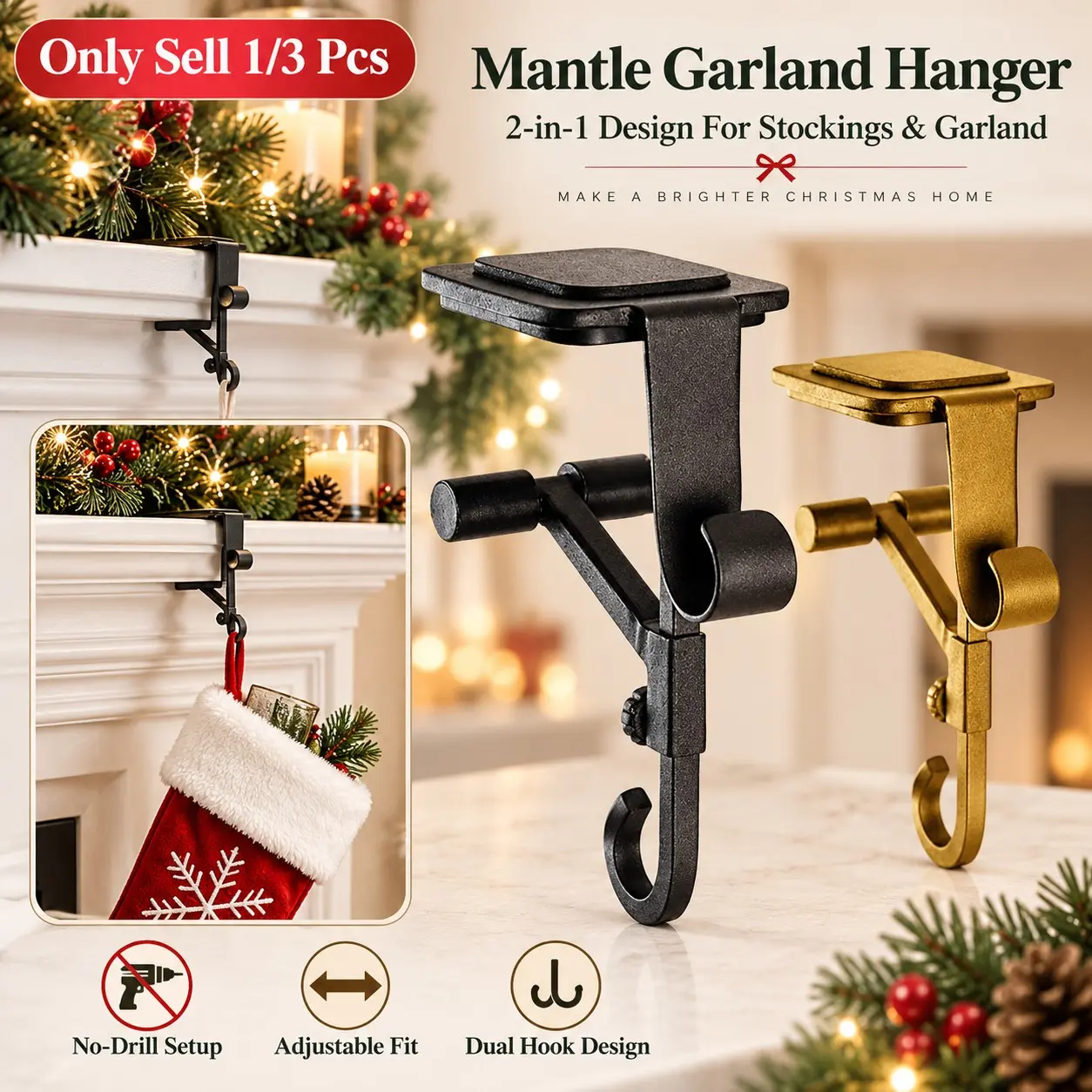 1/3 PCS Mantle Garland Hanger, 2-in-1 Fireplace Stocking and Garland Hanger, Adjustable No-Drill Dual Hook Design, Christmas Stocking and Ornament Hooks for Fireplace Mantel, Wreath, Garland and Holiday Decor