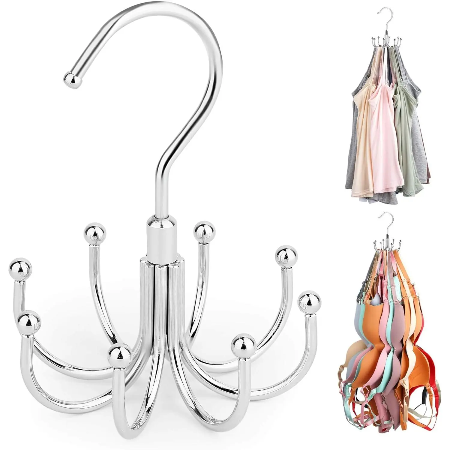 Tank Top Hanger, Rotating Bra Organizer for Closet, Holds 24 Bras | Heavy-Duty Metal, Holds Up to 24 Garments, Sports Bras Holder with 8 Hooks, Hanging Space-Saving Closet Organizer and Storage