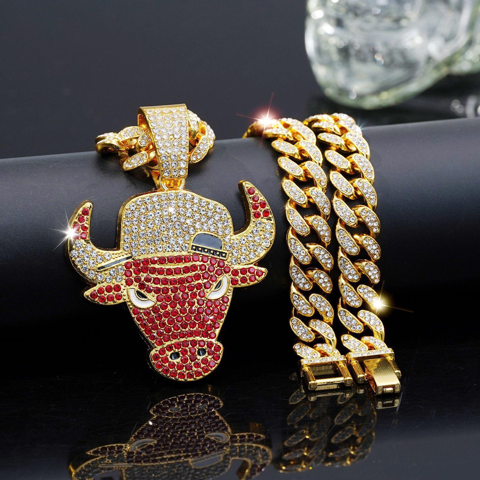 Men's hip-hop full-diamond necklace, fashionable and unique, with a cool red bull head pendant