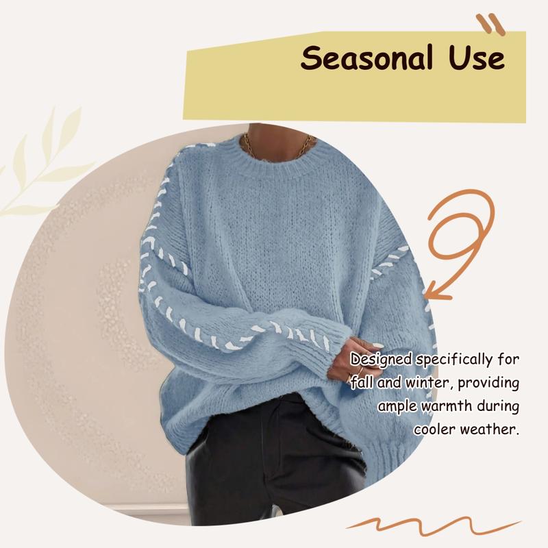 Women's Contrast Binding Drop Shoulder Sweater, Casual Long Sleeve Round Neck Jumper for Fall & Winter, Fashion Ladies' Knitwear for Daily Wear