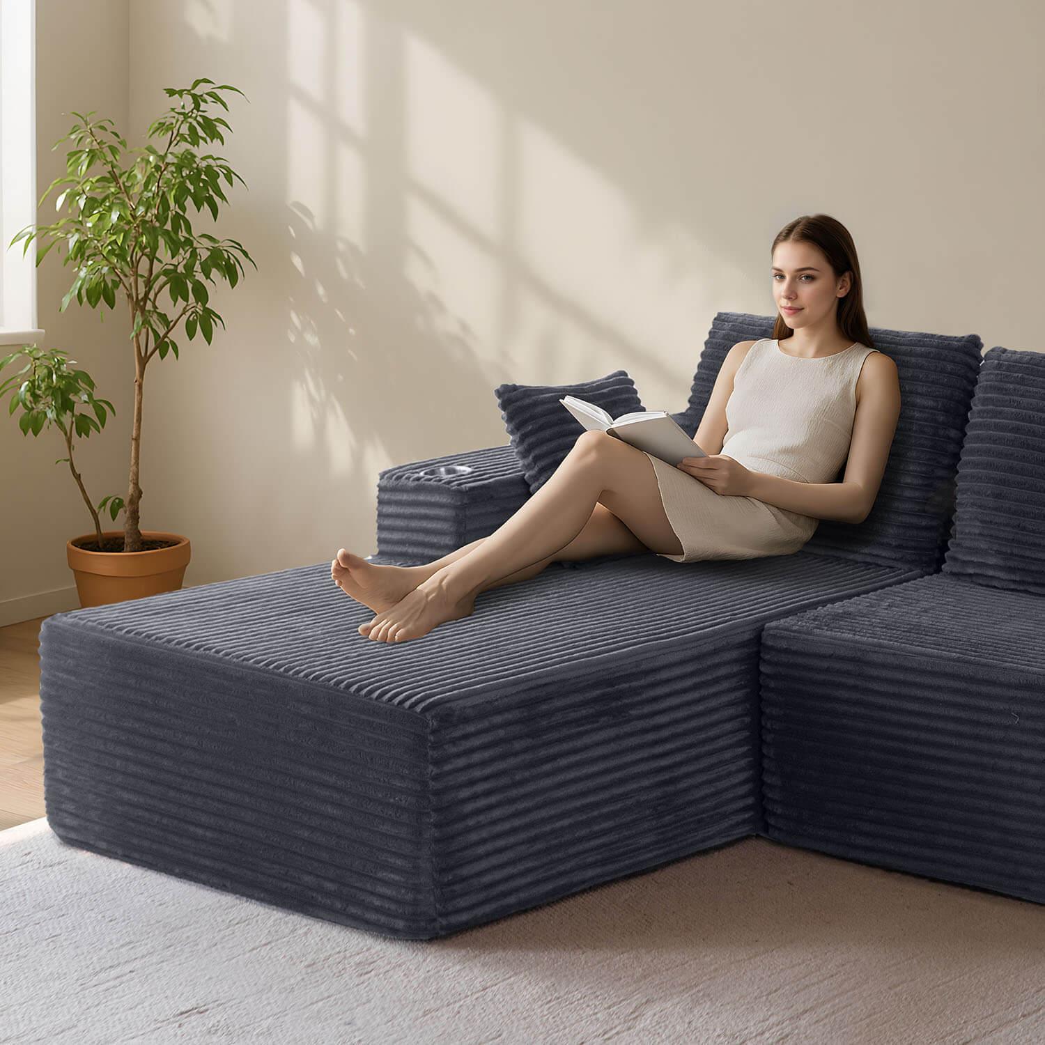 [Hot Sale] MAXYOYO Titan L-Shaped Sofa, 104" Modular Boneless Couch, Corduroy Cloud Sectional Sofa, 104"*65"*31.5", 2 Cupholders Design, No Assembly Required, Cozy for Living Room or Apartment