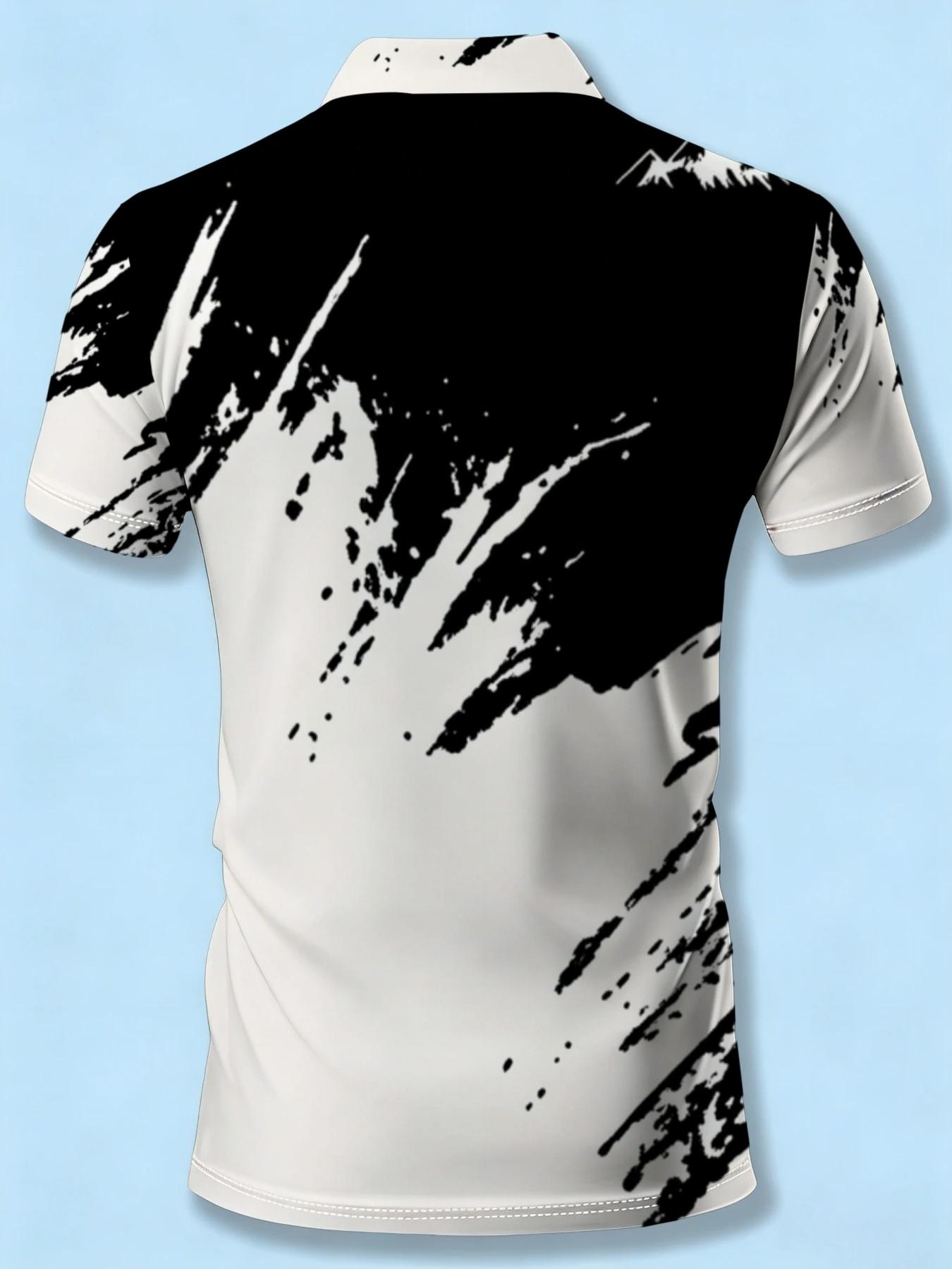 Men's Black & White Splash Ink Printed Short Sleeve Polo Shirt, Casual Fashion Trendy Top, New Summer Lapel Style